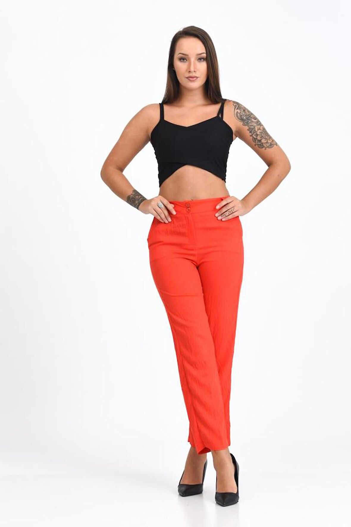 Kemerli ve Cepli Fuşya Boru Paça Viskon Kadın Pantolon