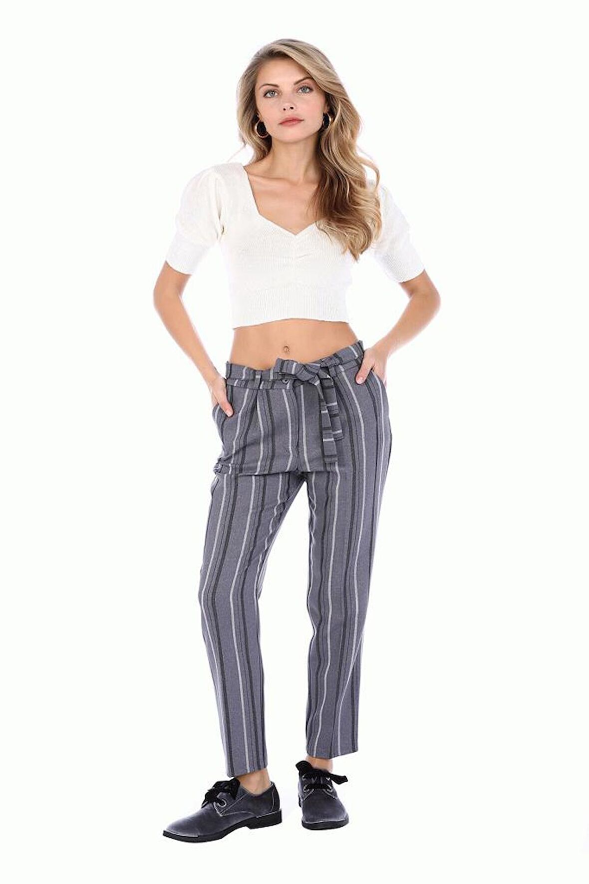 Kuşaklı Gri Çizgili Bilek Kadın Pantolon