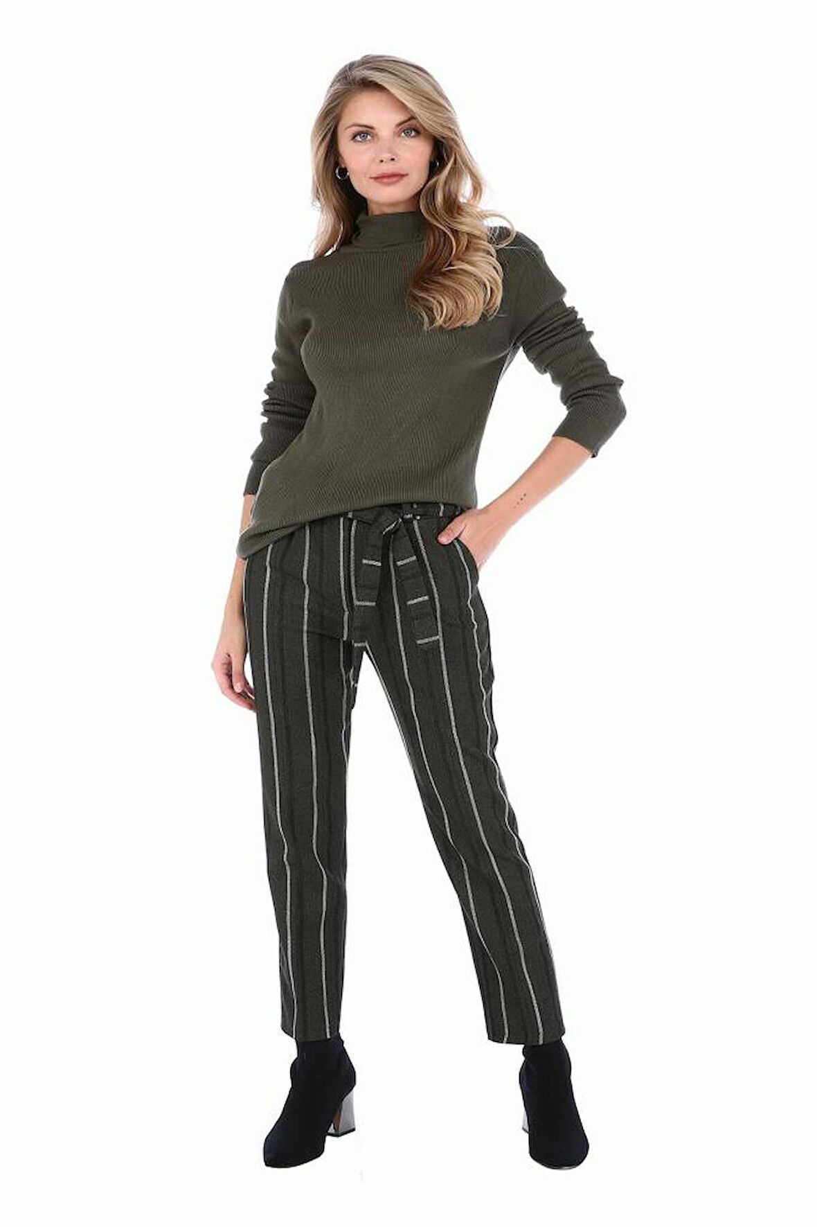 Kuşaklı Haki Çizgili Bilek Kadın Pantolon