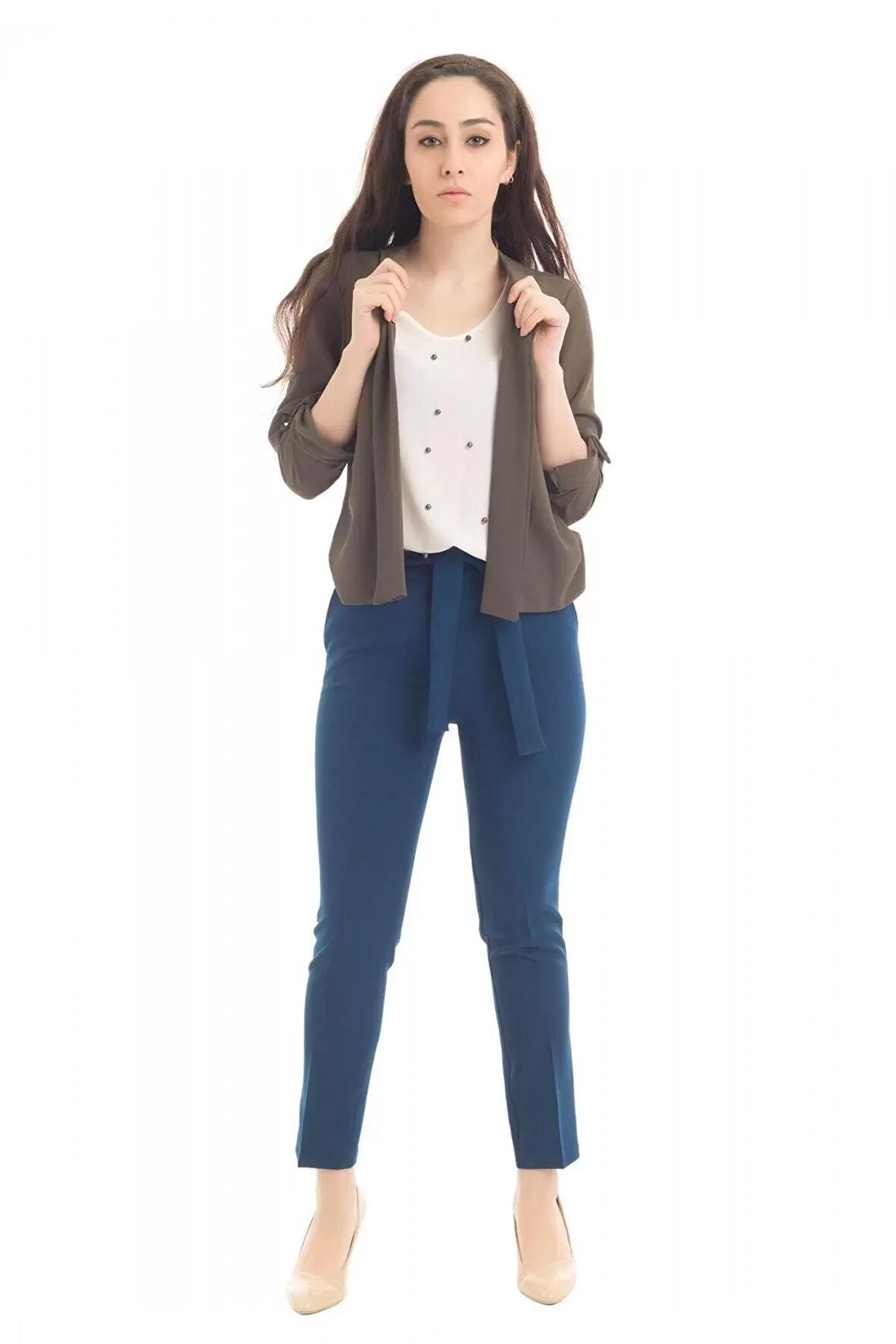 Kuşaklı Zümrüt Yeşil Bilek Kadın Pantolon