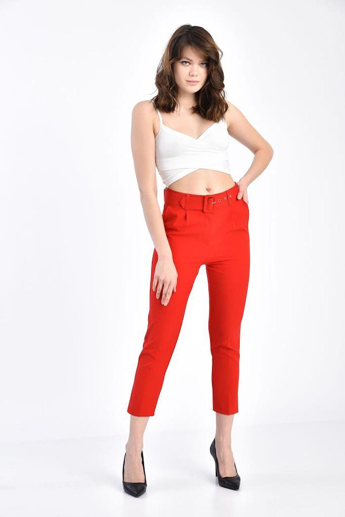 Kemerli Kırmızı Bilek Kadın Pantolon