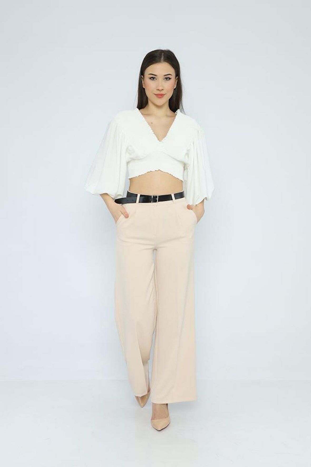 Geniş Paça Kemerli Taş Kadın Pantolon