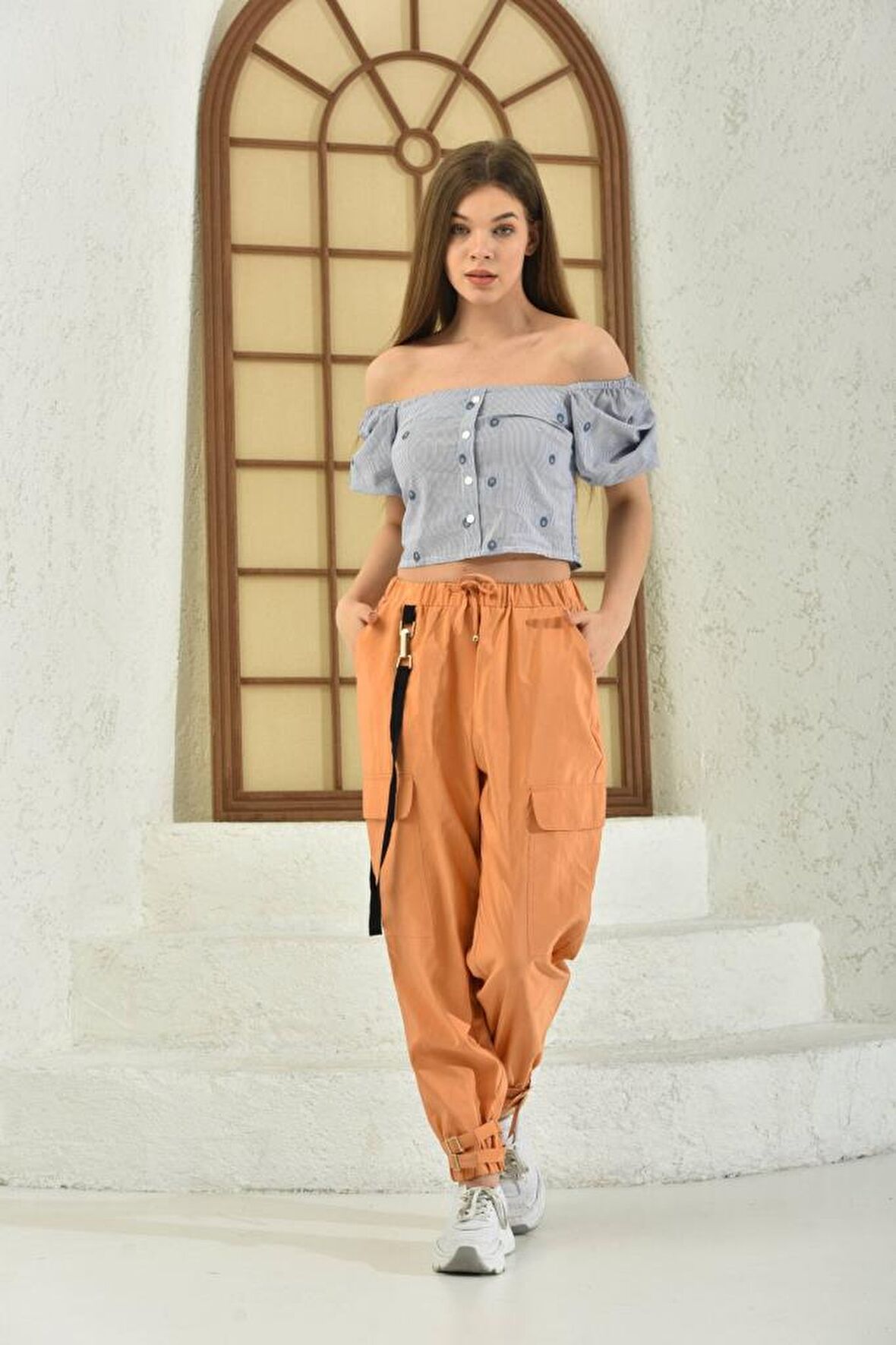 Belden Lastikli Cepli ve Bağcıklı Turuncu Kadın Kargo Pantolon