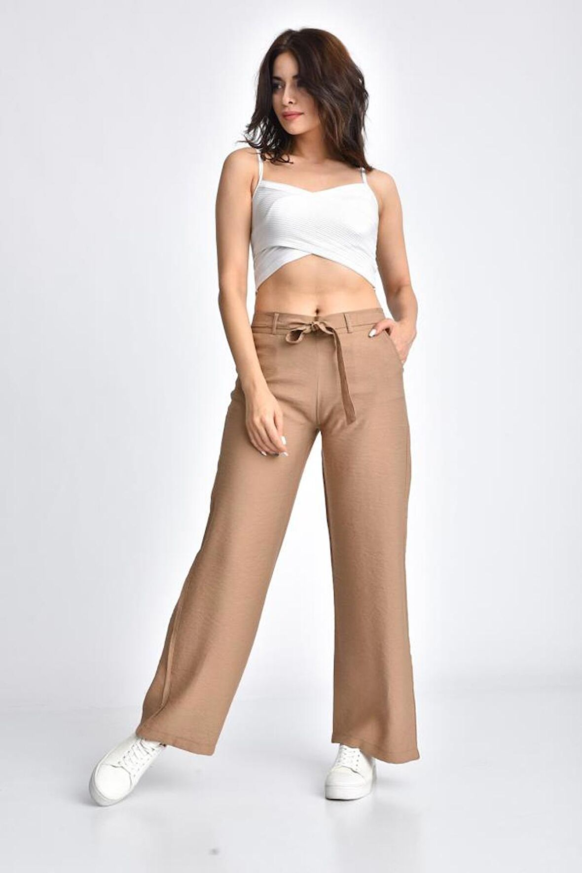 Belden Lastikli Kuşaklı Bol Paça Vizon Keten Kadın Pantolon