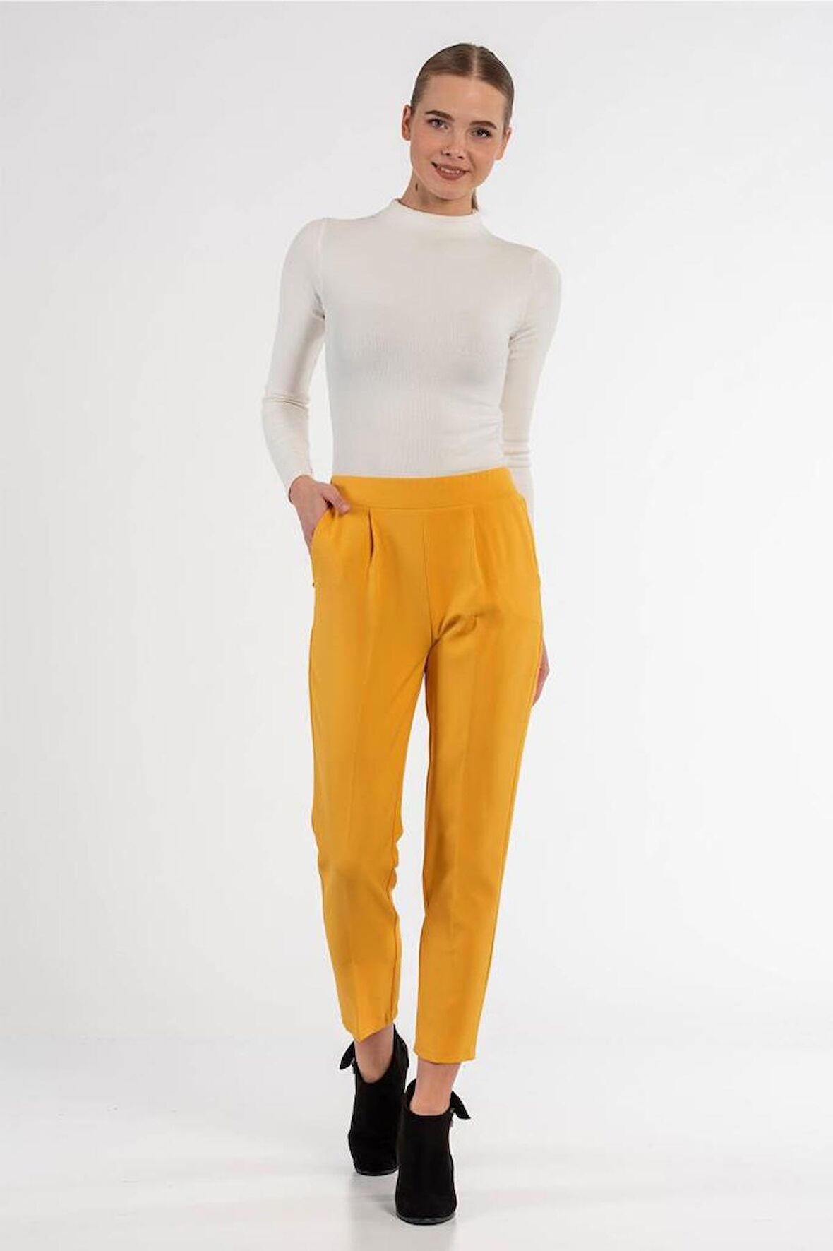 Belden Lastikli Sarı Bilek Kadın Pantolon