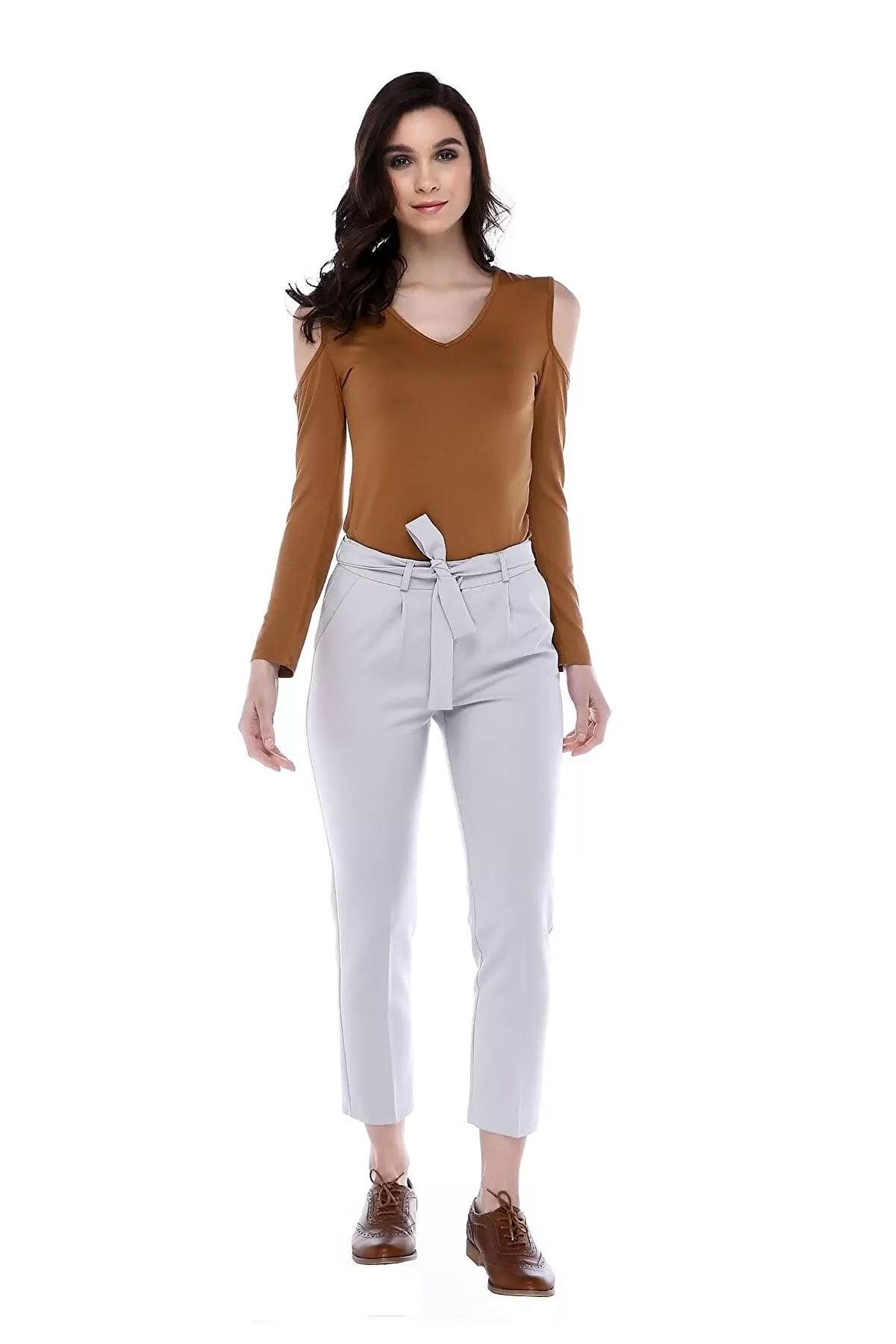 Kuşaklı Gri Bilek Kadın Pantolon