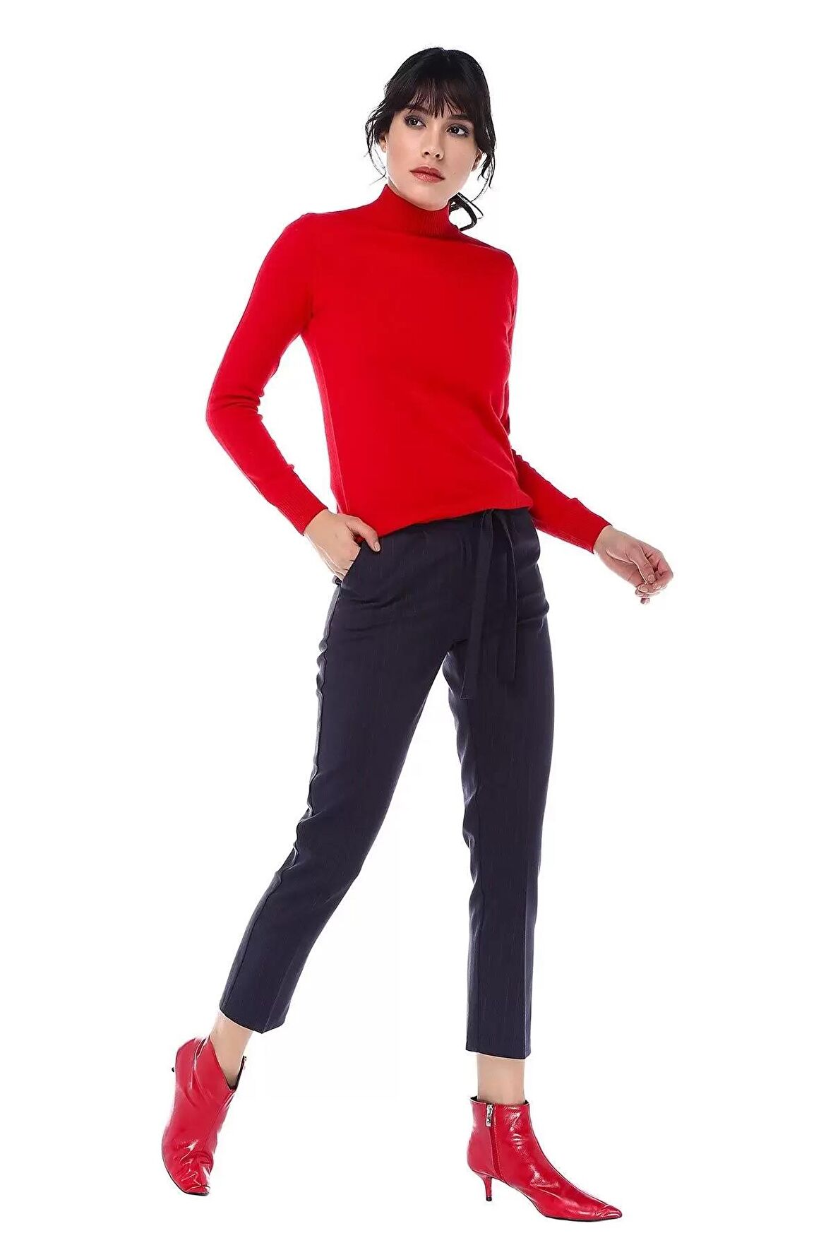 Kuşaklı Bordo Çizgili Füme Bilek Kadın Pantolon