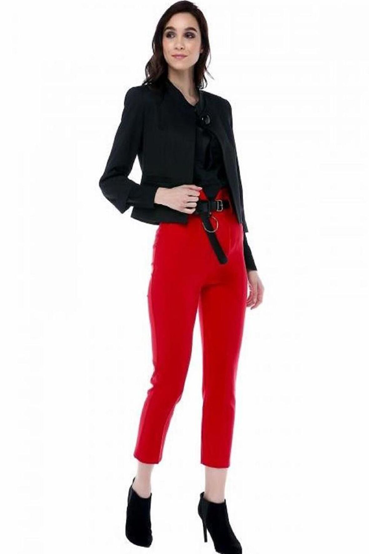 Yüksek Bel Deri Kemerli Kırmızı Bilek Kadın Pantolon