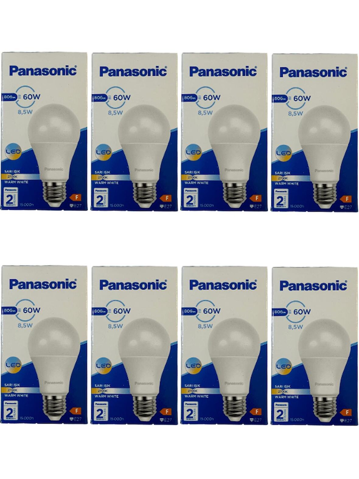 Panasonic 8,5W (60W) 2700K (Sarı Işık) E27 Duylu Led Ampul (8 Adet)