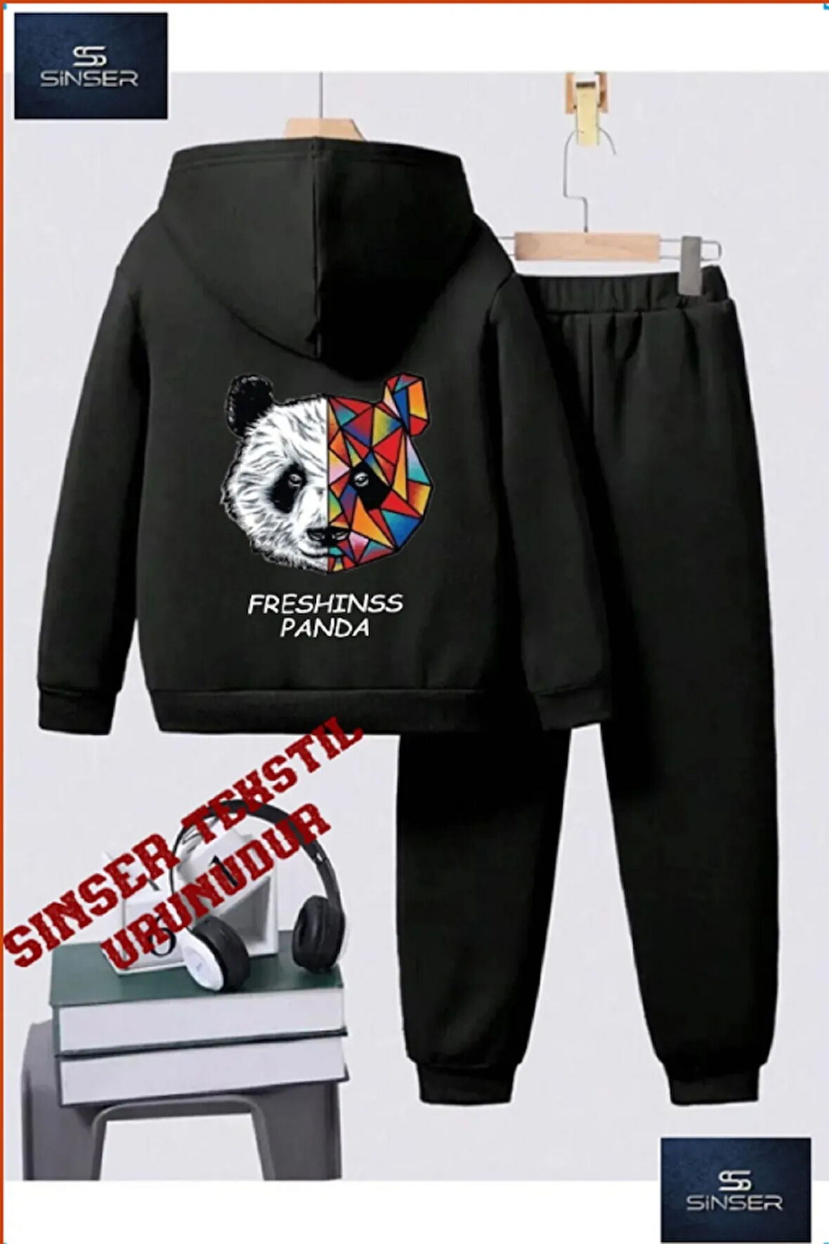 Kapşonlu Çocuk “PANDA FRESH SIRTBASKI” Baskısız Eşofman Takımı
