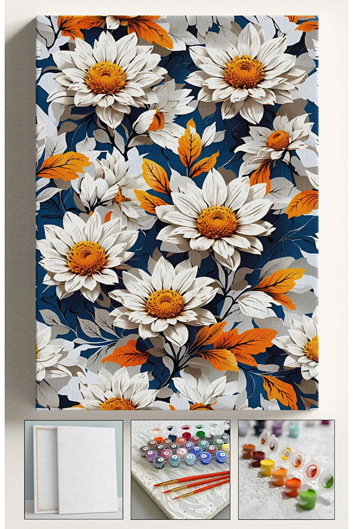 Sayılarla Boyama Hobi Seti Çerçeveli Numaralı Tuval Fırça Boya Dahil Kasnaklı PAPATYALAR 40x50 Cm