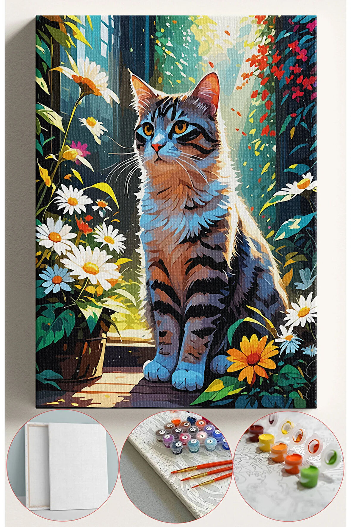 Sayılarla Boyama Seti Numaralı Tuval Fırça Boya 40x50 Cm - PAPATYALAR İÇİNDE KEDİ