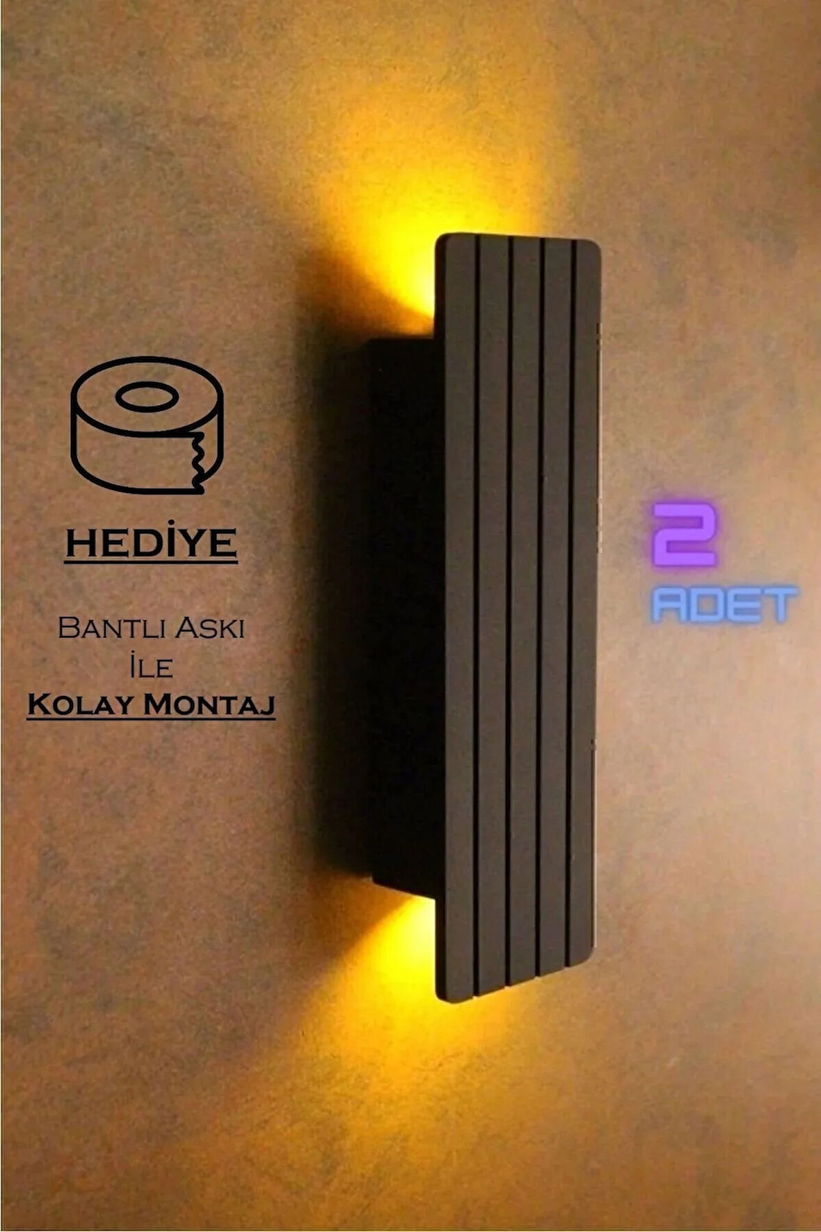 2 Adet Pilli Dekoratif Duvar Aydınlatması Aplik Gece Lambası (SİYAH YARI MAT-AMBER)