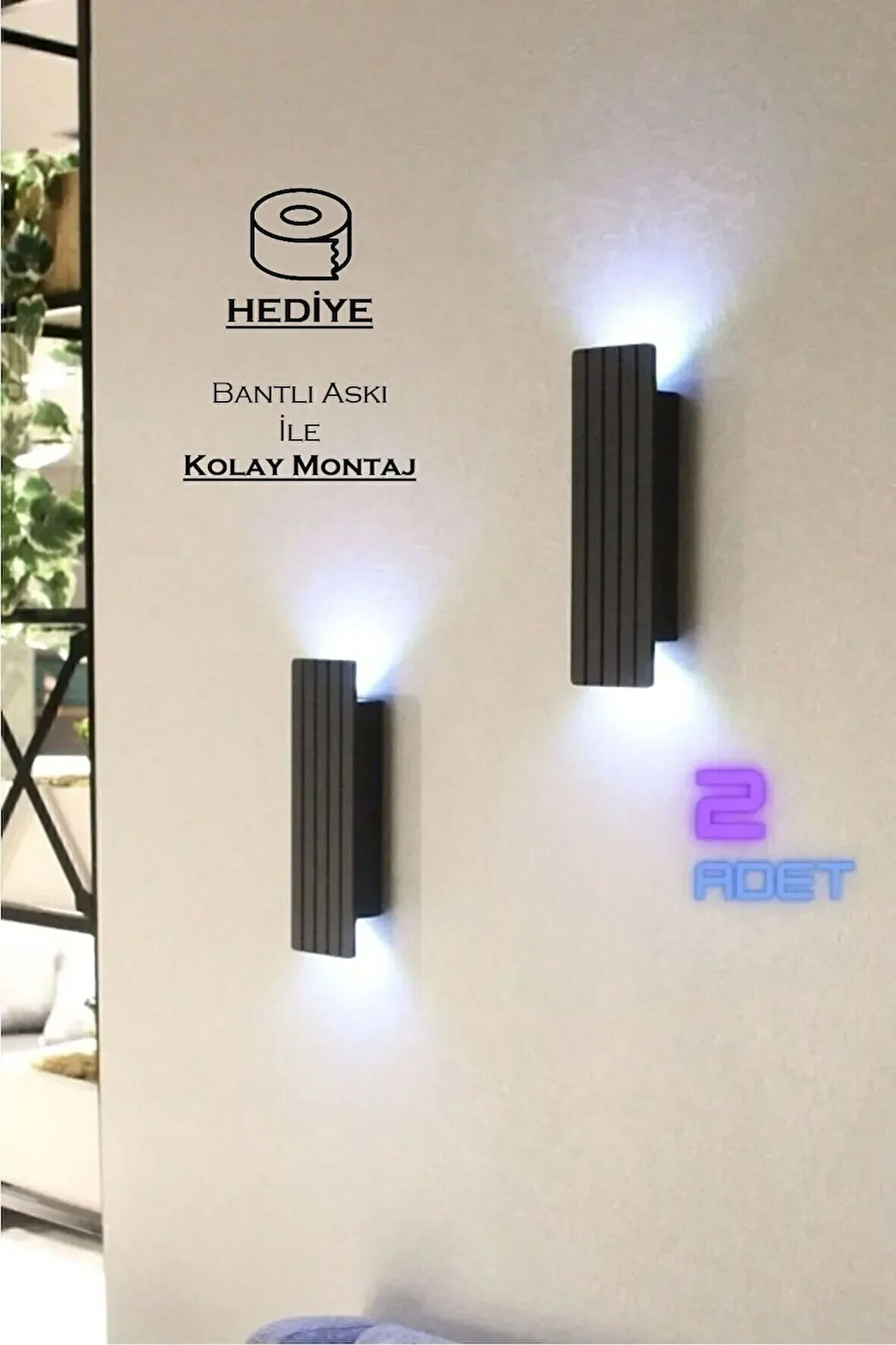 2 Adet Pilli Dekoratif Duvar Aydınlatması Aplik Gece Lambası Siyah Yarı Mat Beyaz Işık