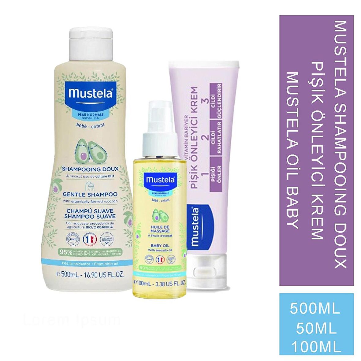 Mustela Avokado Özlü Gentle Shampoo 500 ml + Mustela Baby Massage Oil Nemlendirici ve Rahatlatıcı Bebek Yağı 100 ml + Mustela Vitamin Barrier 1.2.3 Pişik Kremi 50 ml