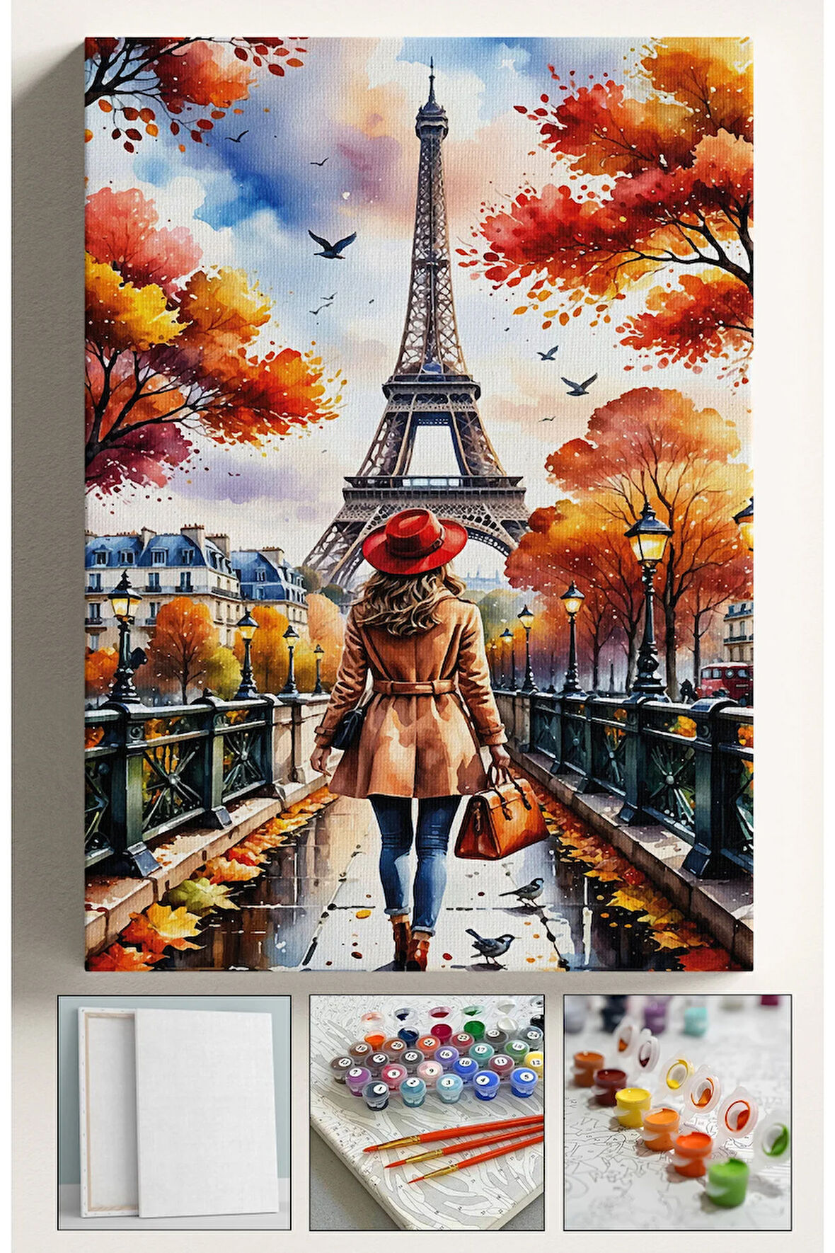 Sayılarla Boyama Çerçeveli Hobi Seti Numaralı Tuval Fırça Boya Dahil Kasnaklı PARİS KADIN 40X50 Cm
