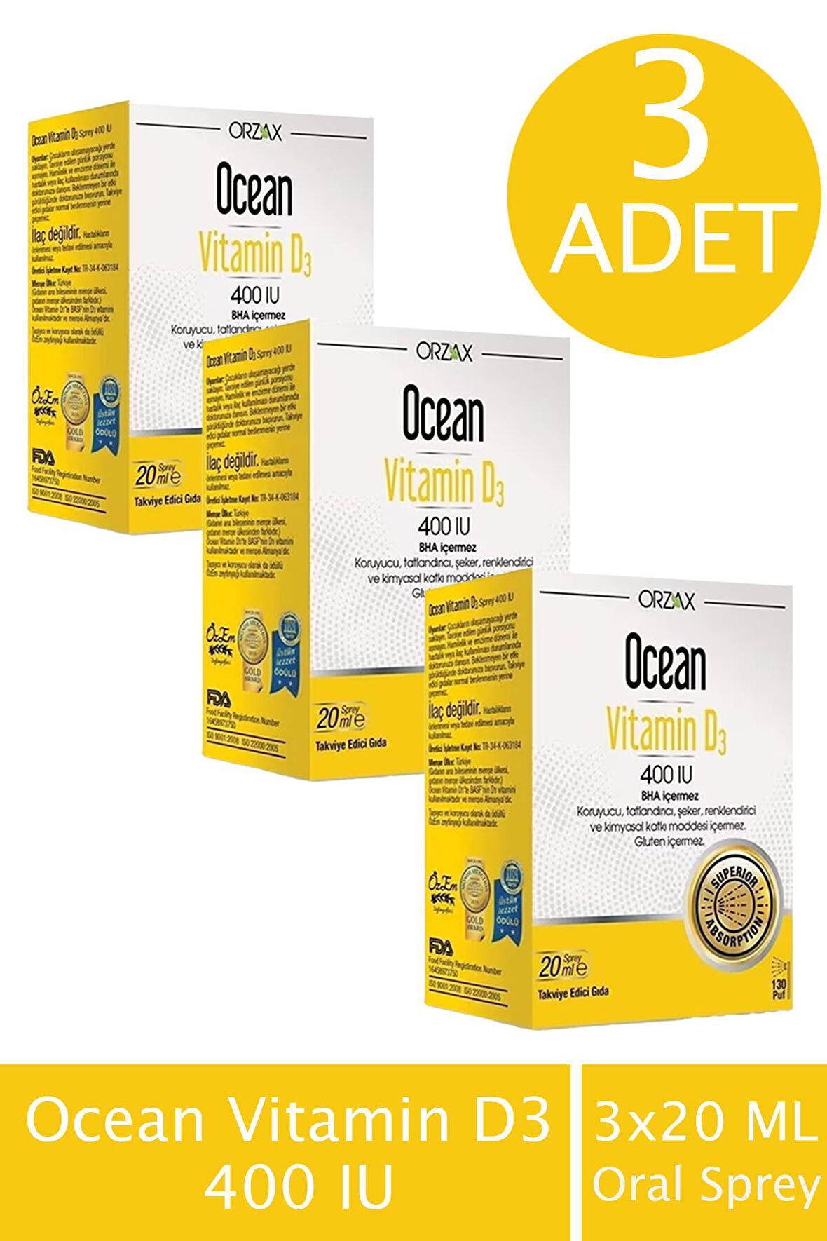 Ocean Vitamin D3 400 IU Oral Sprey 20 ml 3 ADET 