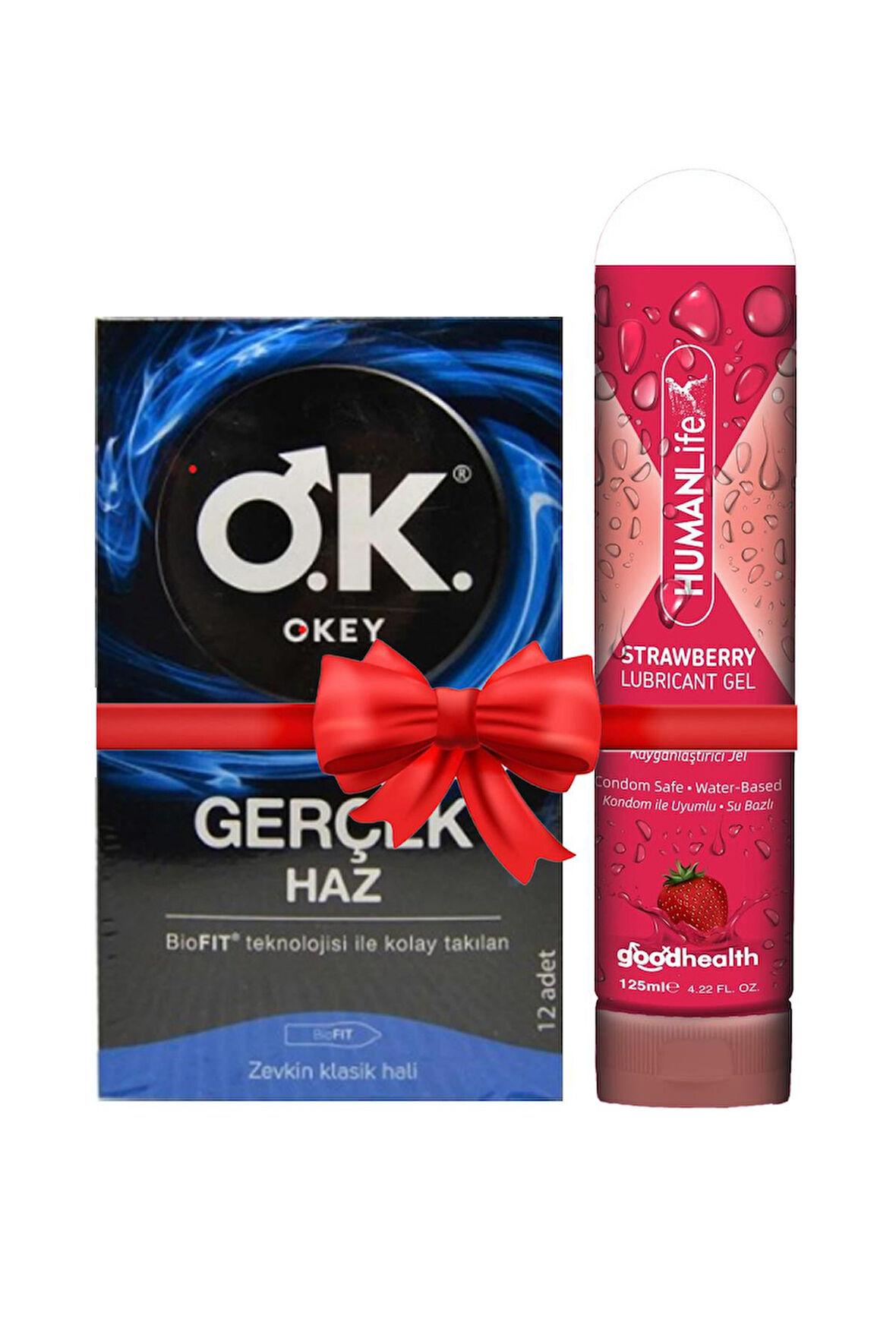 Okey Prezervatif Gerçek Haz 12'li + HumanLife 125 ml Çilek Aromalı Kayganlaştırıcı Jel Lubricant