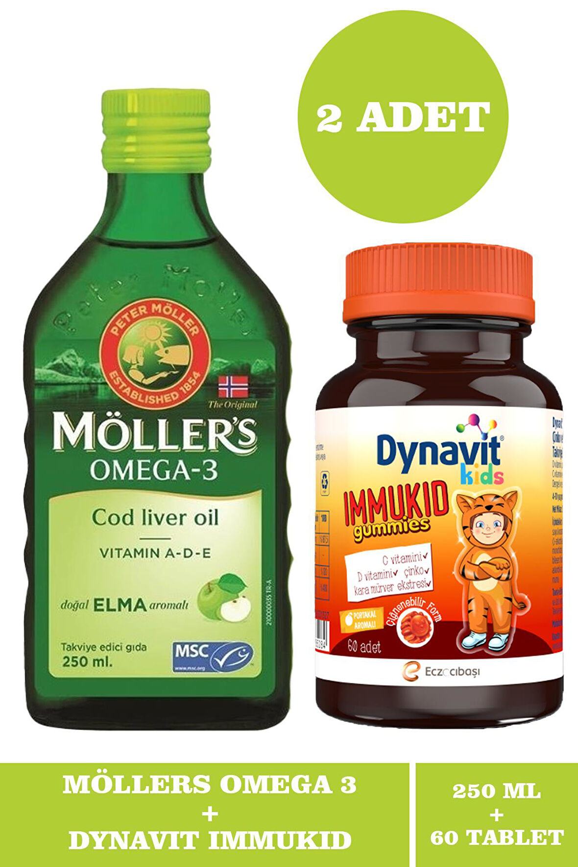 Möller's Omega 3 Doğal Elma Aromalı Balık Yağı Şurubu 250 ml + Dynavit Kids Immukid 60 Gummies