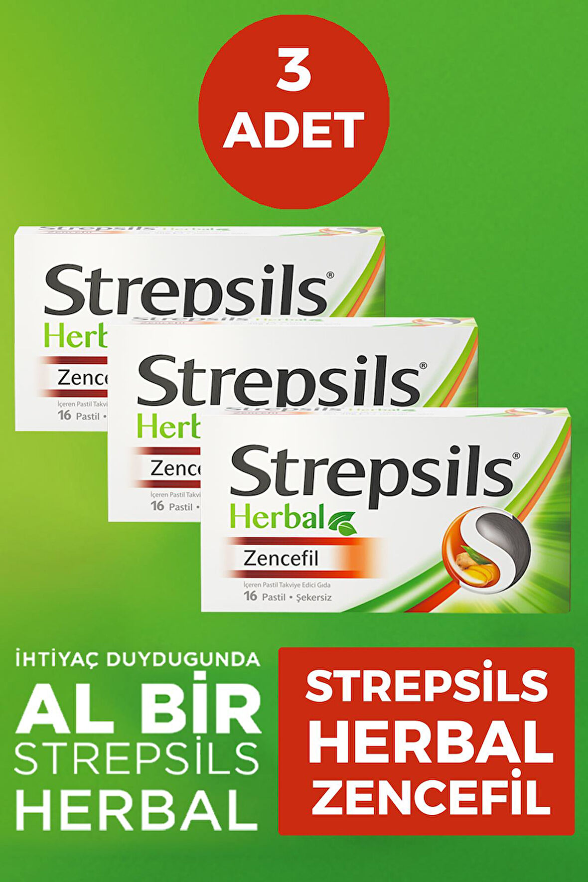 Strepsils Herbal Zencefil Aromalı 16 Pastil 3 Adet