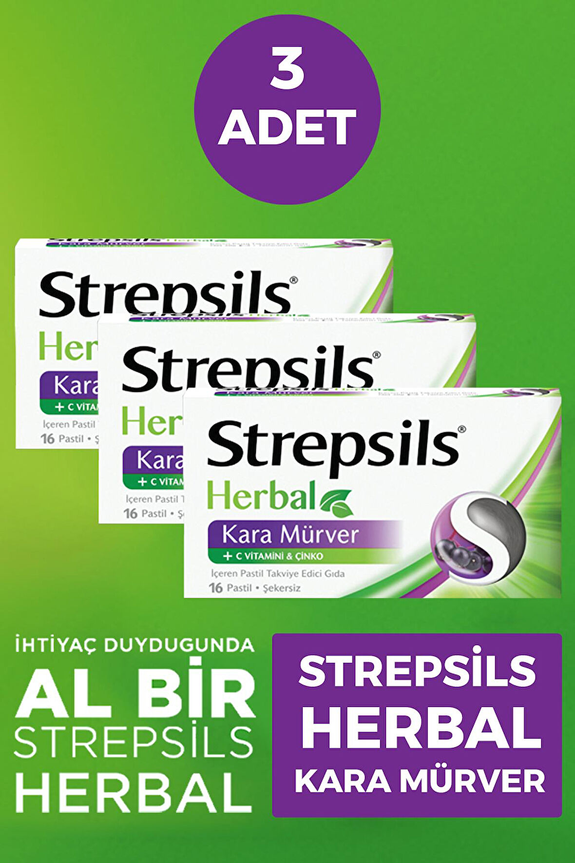 Strepsils Herbal Kara Mürver Aromalı 16 Pastil 3 Adet