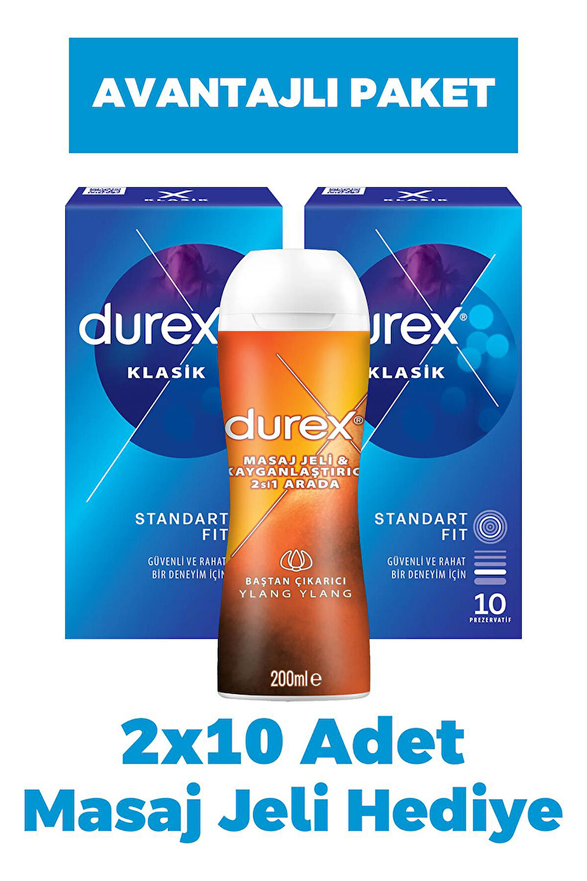 Durex Klasik Prezervatif 10'lu 2 Adet + Masaj Jeli Hediye