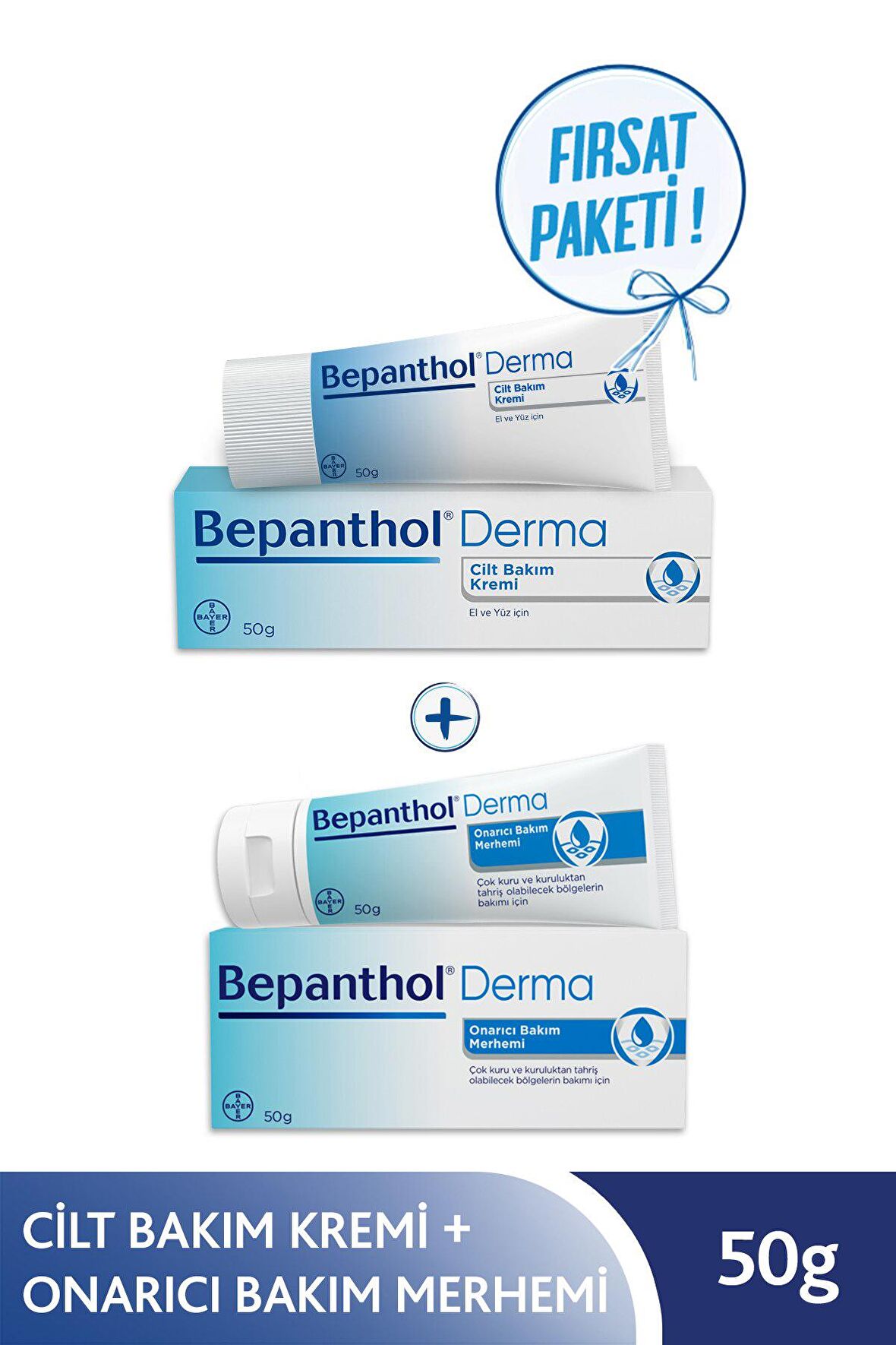 Bepanthol Derma Cilt Bakım Kremi 50 gr + Onarıcı Bakım Merhemi 50 gr Avantajlı Paket