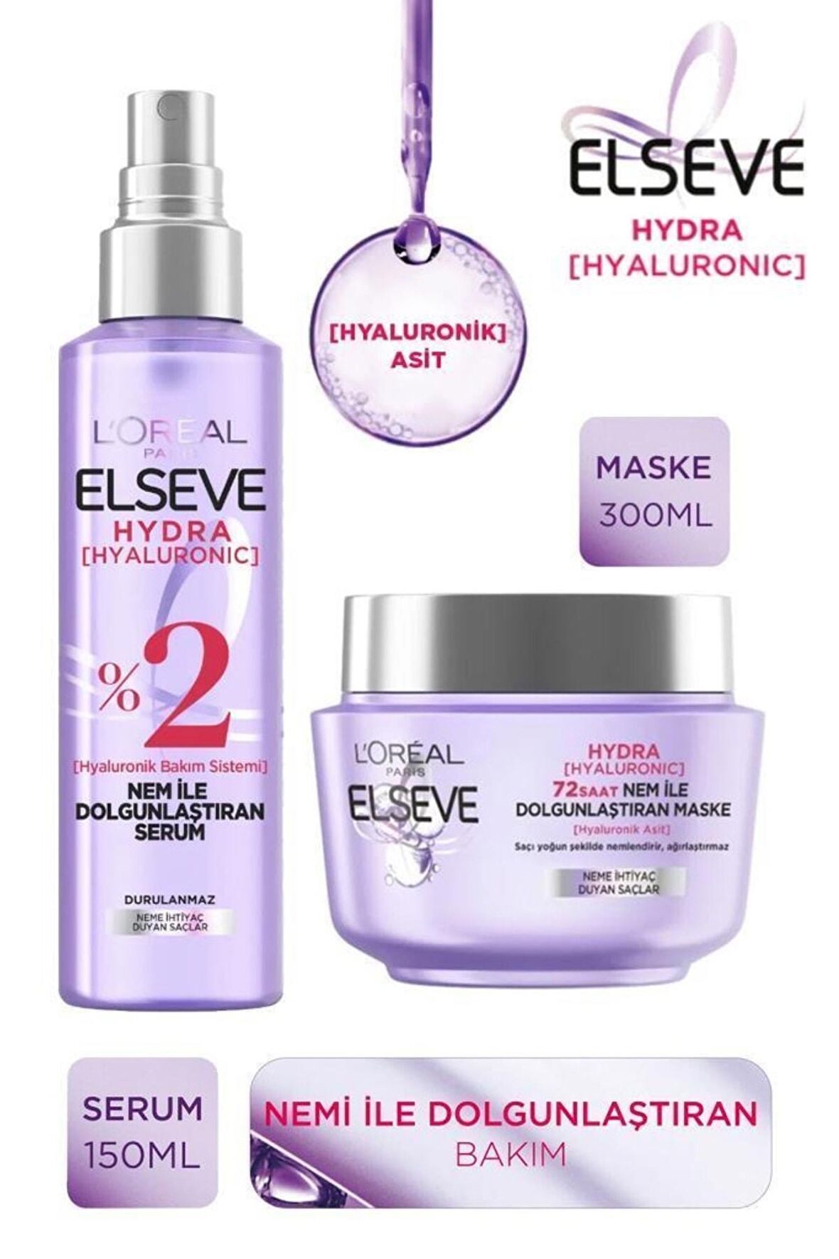 Elseve Hydra Nem ile Dolgunlaştıran Saç Bakım Serumu 150 ml + Elseve Hydra 72 Saat Nem ile Dolgunlaştıran Saç Maskesi 300 ml