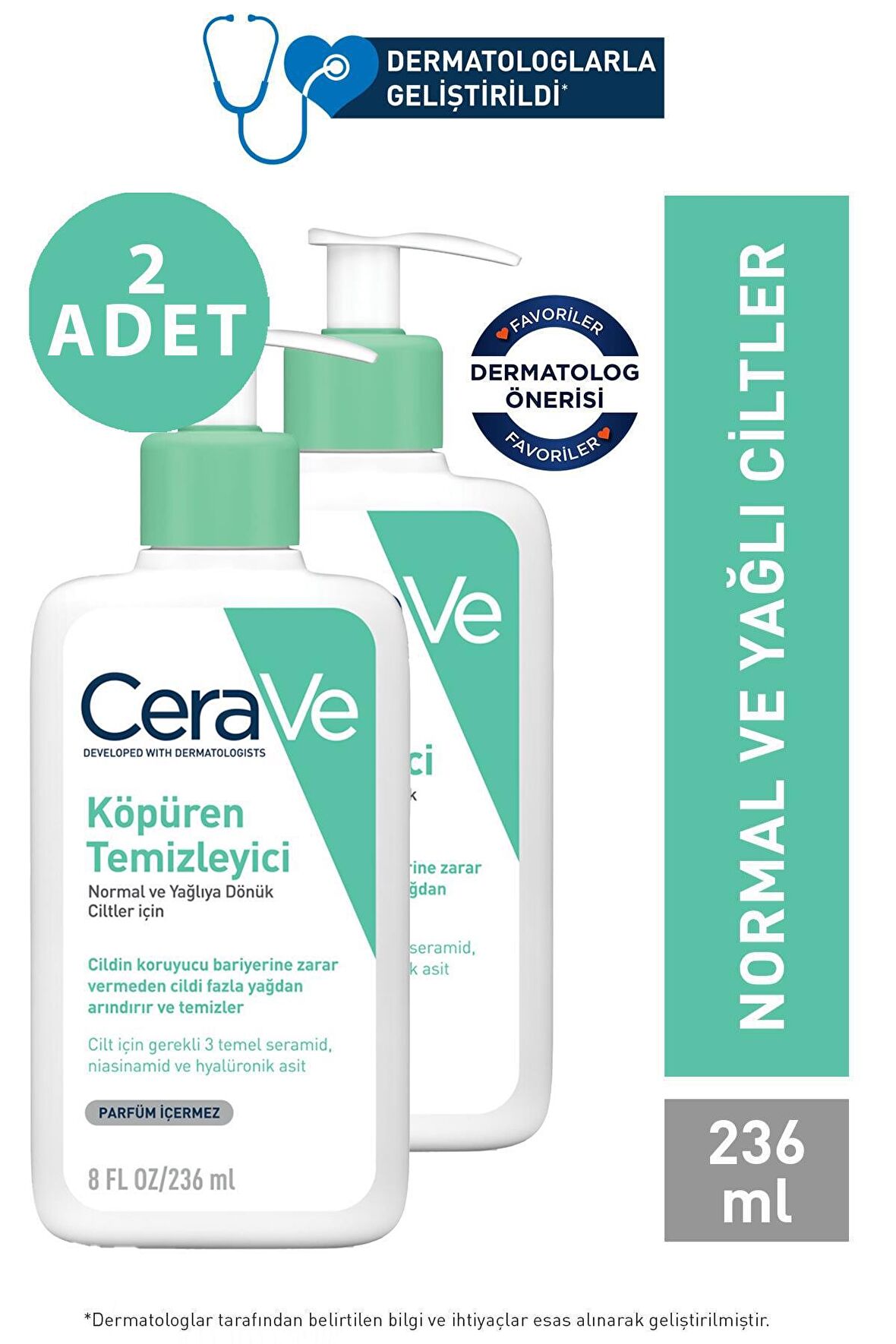 Cerave Foaming Cleanser Normal & Yağlıya Dönük Ciltler İçin 236 ml 2 Adet