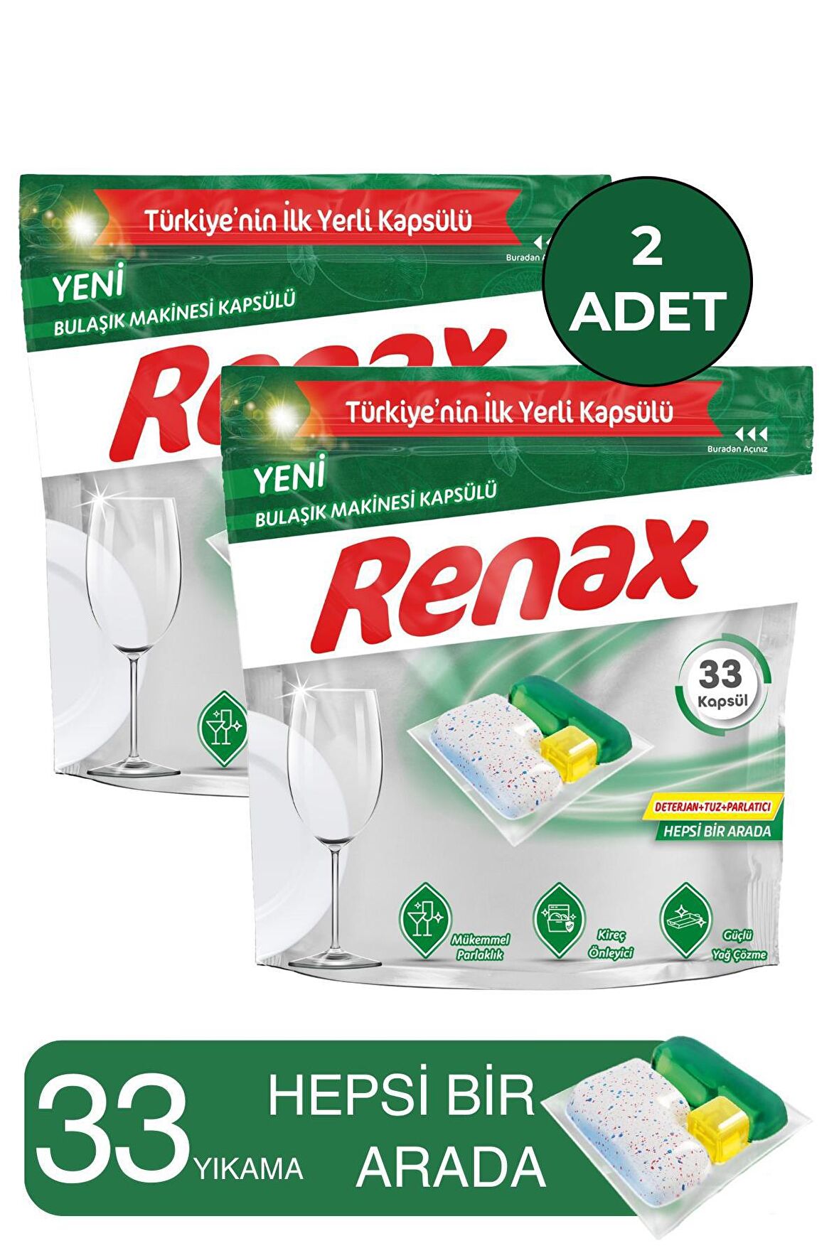 Renax Bulaşık Makinesi Kapsül Hepsi Bir Arada 33'lü 2 Adet