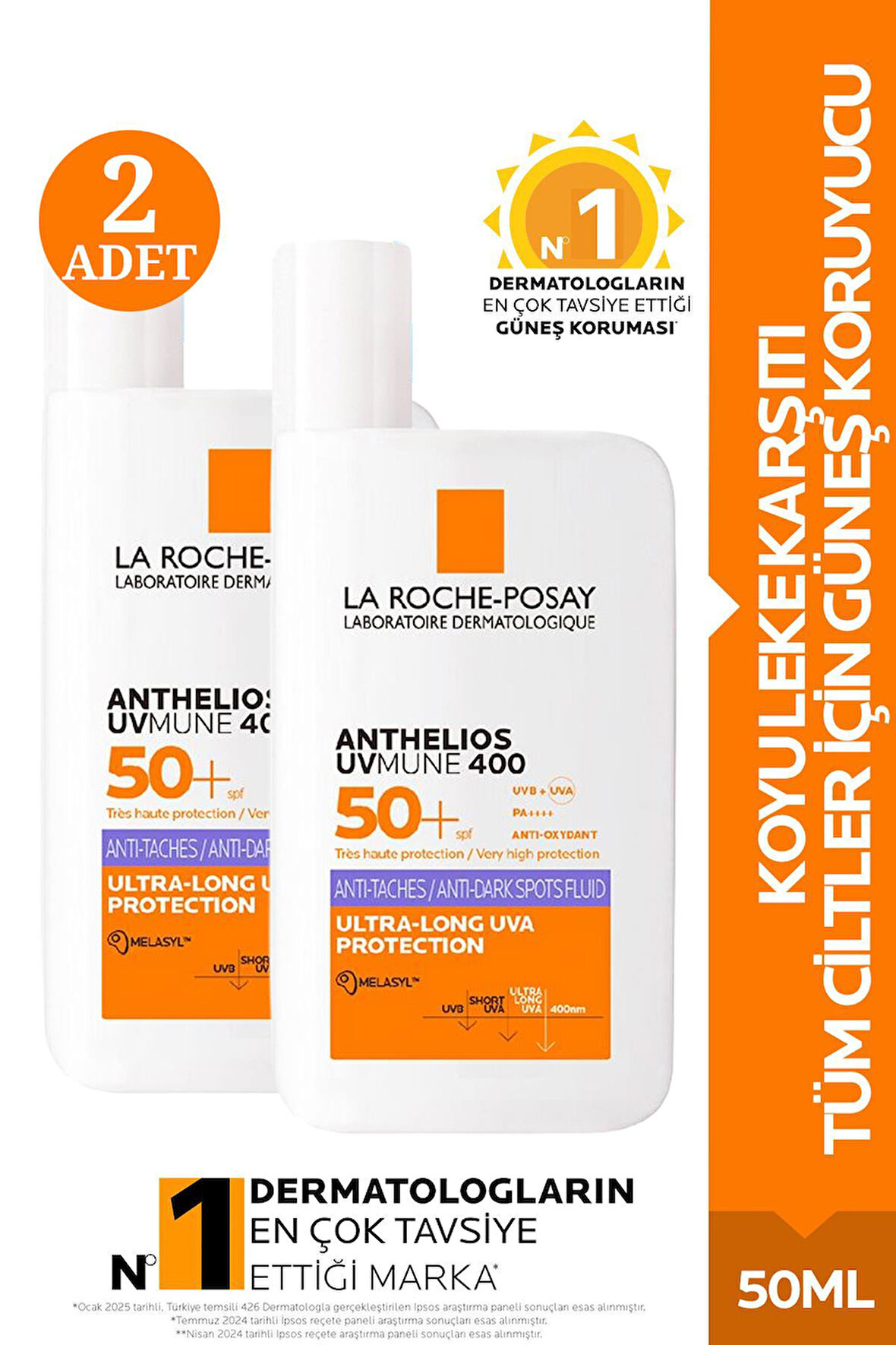 La Roche Posay Anthelios Uvmune 400 Anti-Dark Spots Fluid Spf50+ Melasyl İçeren Güneş Kremi 50 ml 2 Adet