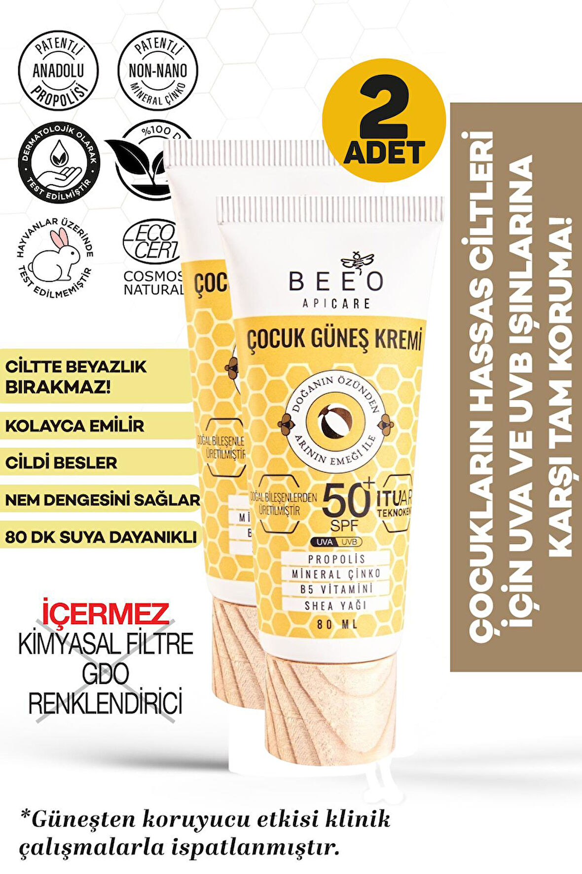 Bee'o Apicare Propolisli Çocuk Güneş Kremi SPF50 80 ml 2 Adet