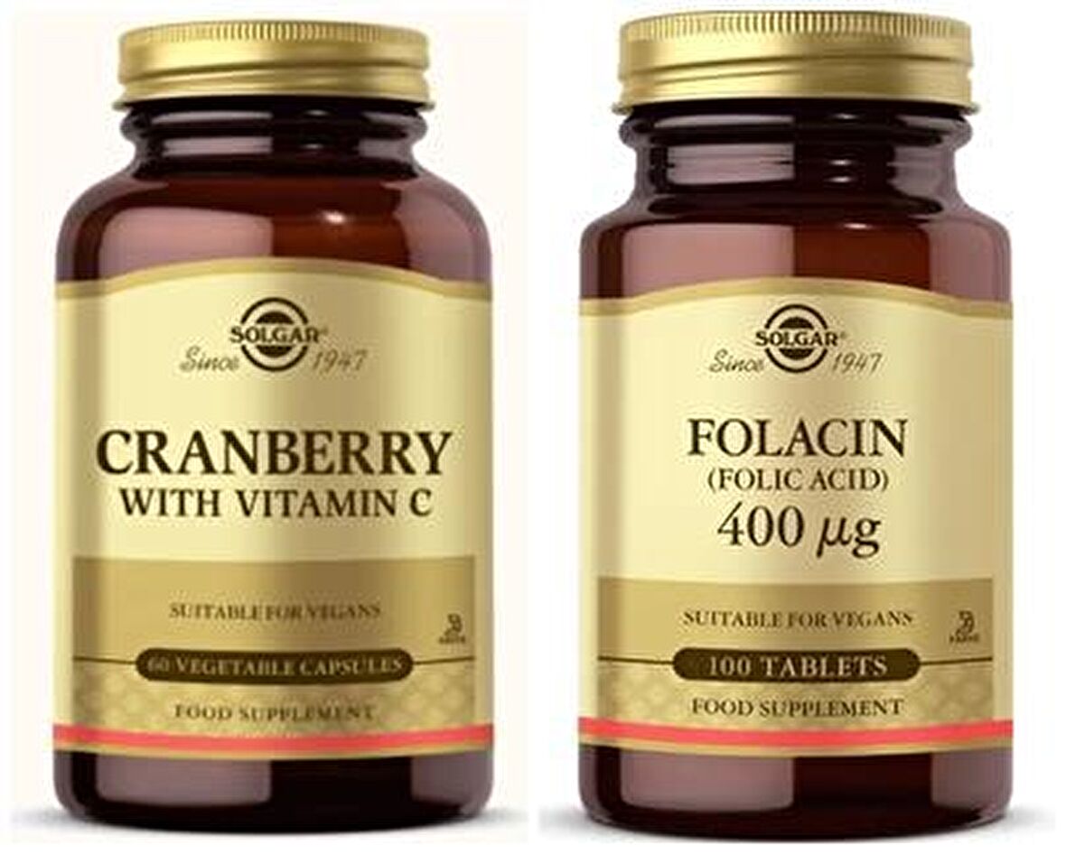 Solgar Cranberry Extract with Vitamin C 60 Kapsül+Solgar Folic Acid 400 mcg 100 Tablet
