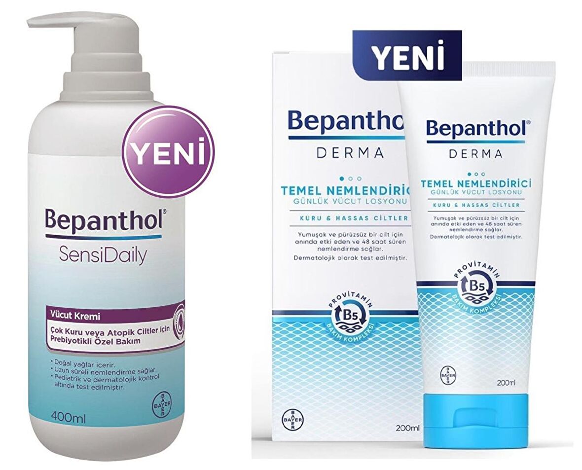 Bepanthol Nemlendirici B5 Provitaminli Kuru-Atopik Ciltler-Hassas Ciltler için  Vücut Kremi 400 ml & Derma Temel Nemlendirici Vücut Losyonu 200 ml 