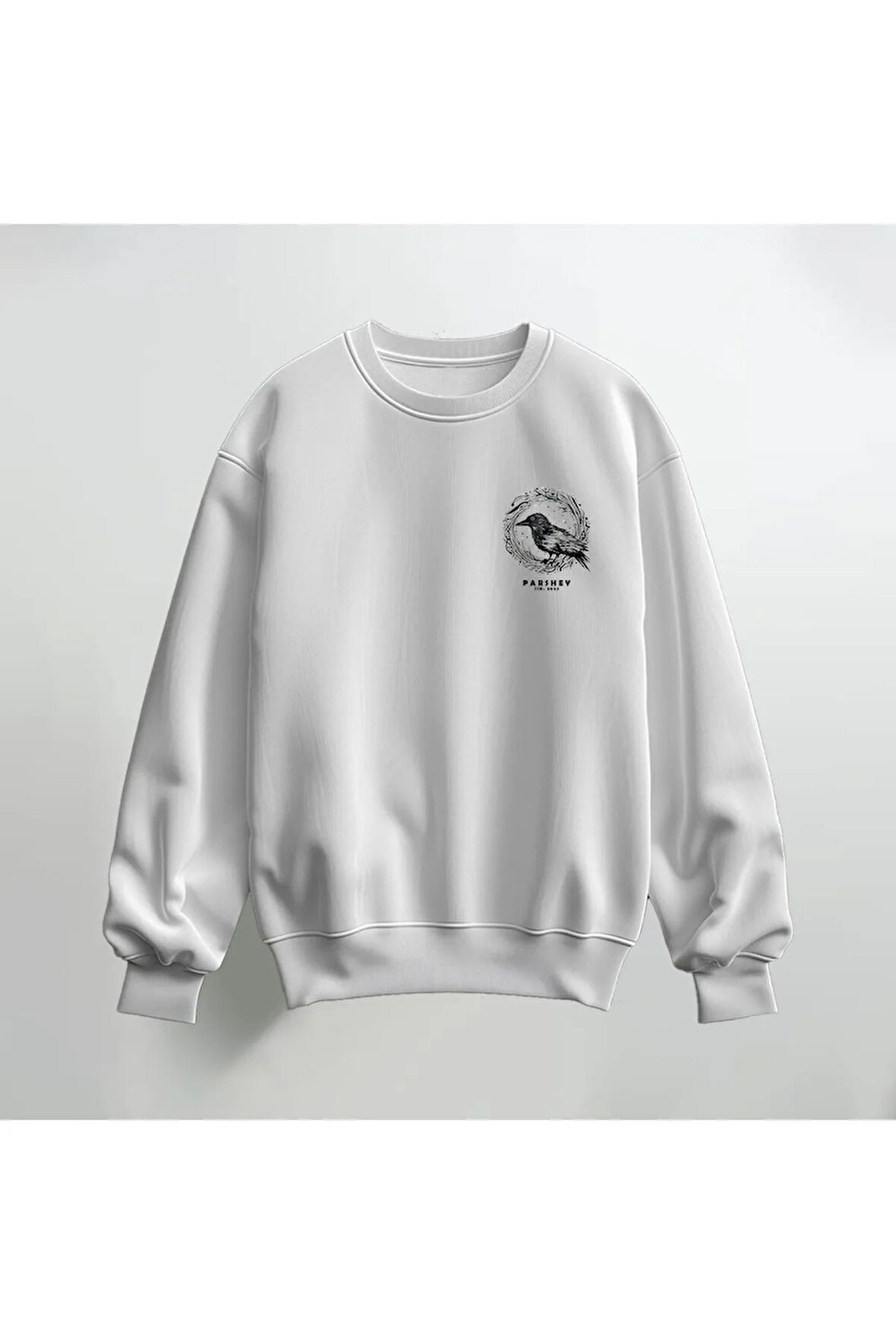 Kuş Deseni Baskılı Bisiklet Yaka Sweatshirt Kalın Kumaş 3 İplik
