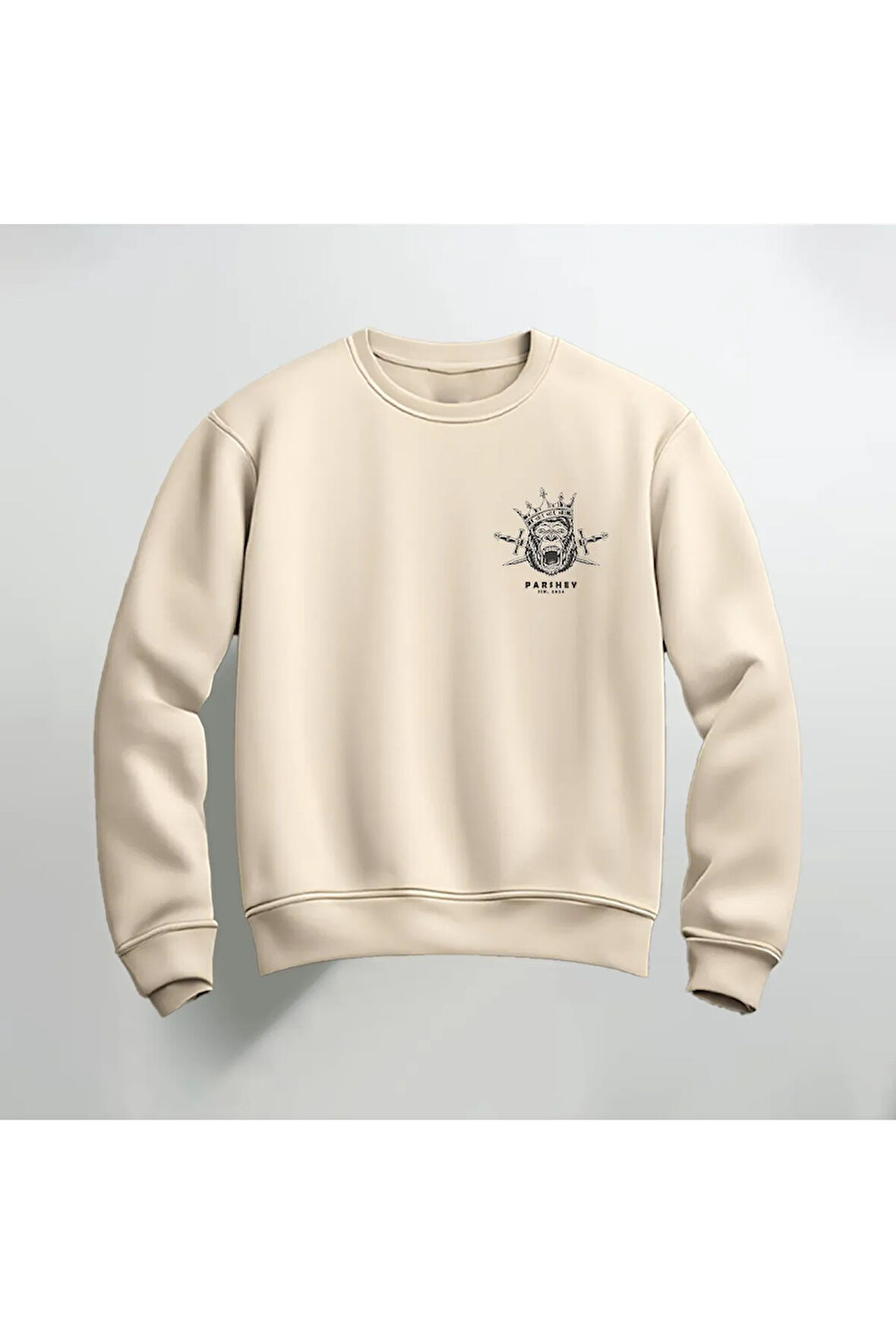 Goril Deseni Baskılı Bisiklet Yaka Sweatshirt Kalın Kumaş 3 İplik