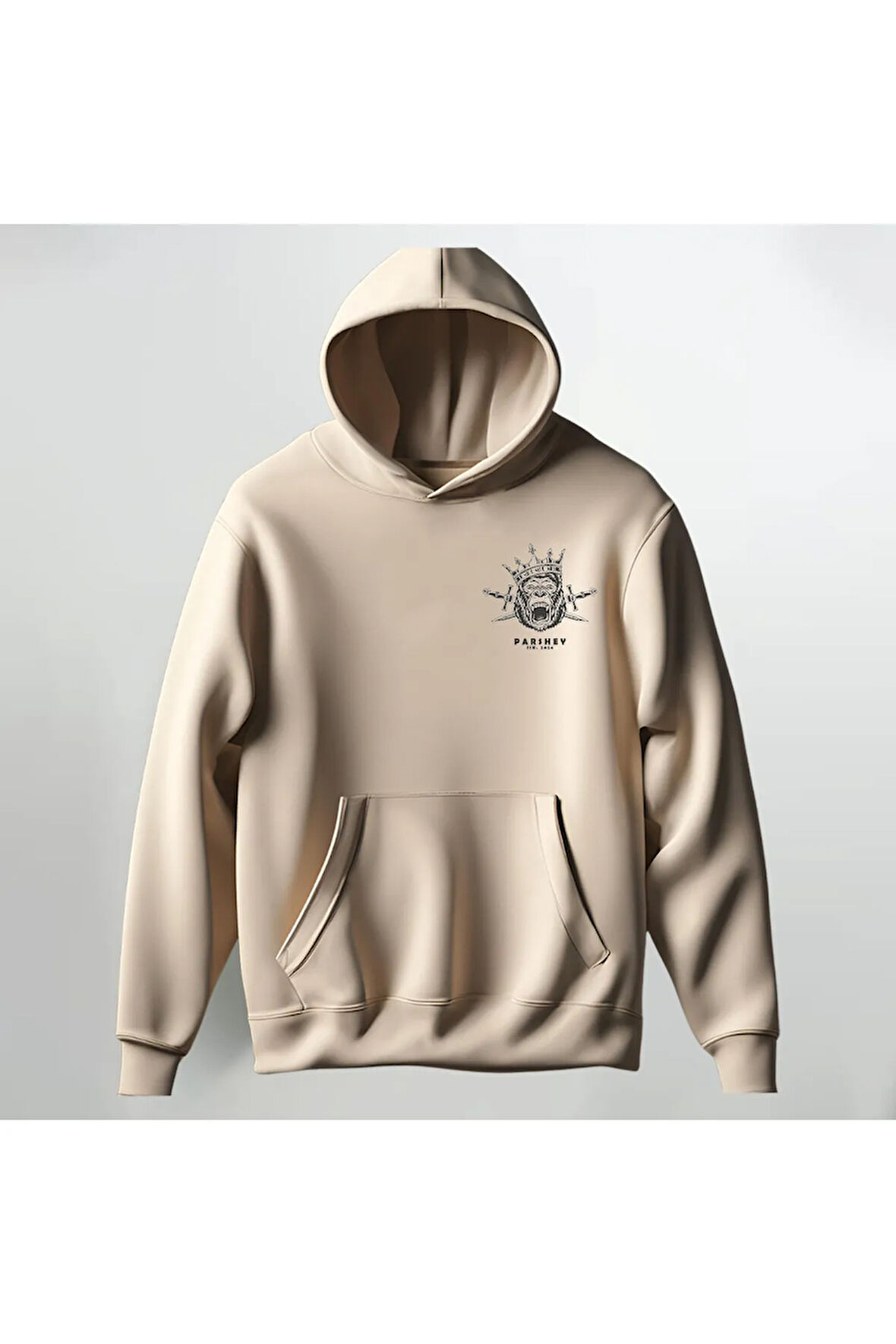 Goril Desenli Kapüşonlu Sweatshirt Hoodie Kalın Kumaş 3 İplik Şardonlu