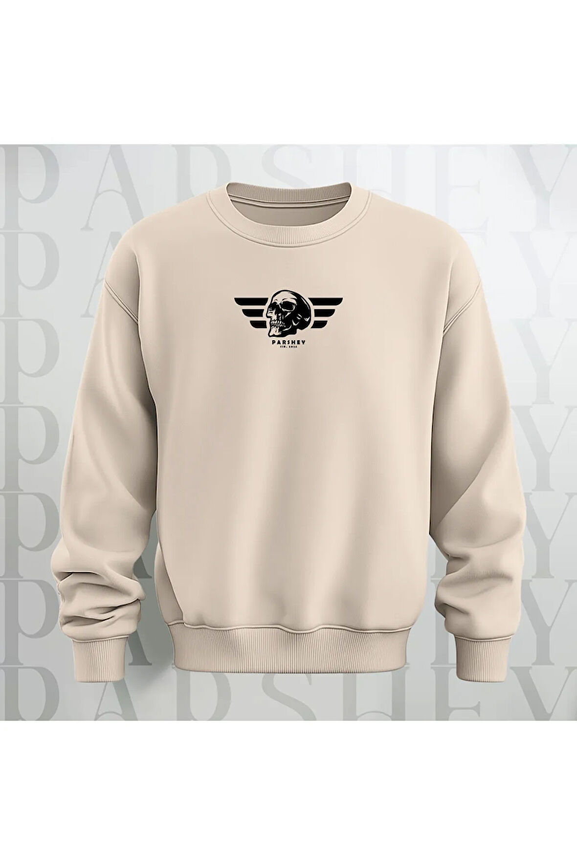 Kuru Kafa Deseni Baskılı Bisiklet Yaka Sweatshirt Kalın Kumaş 3 İplik