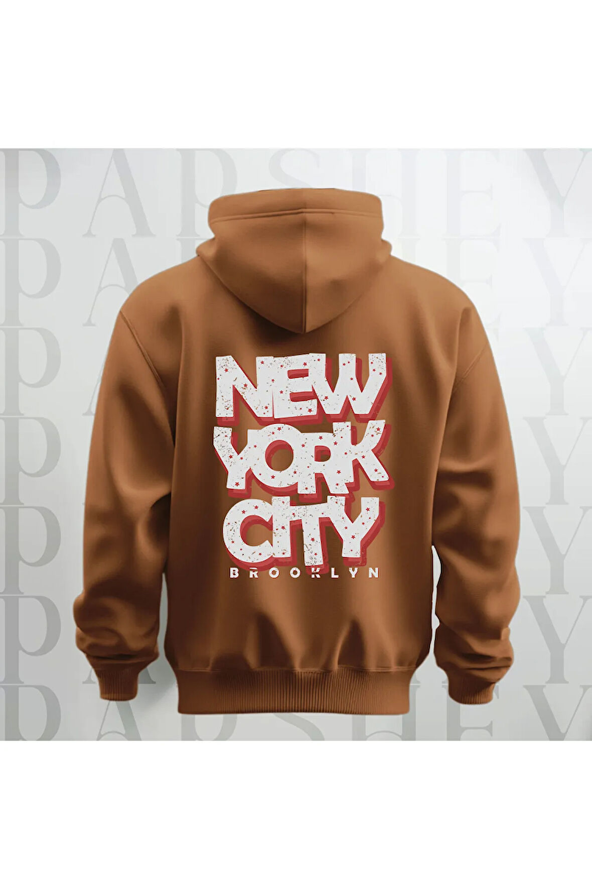 NYC Brooklyn Baskılı Kapüşonlu Sweatshirt Hoodie Yünlü Kalın Kumaş 3 İplik Şardonlu