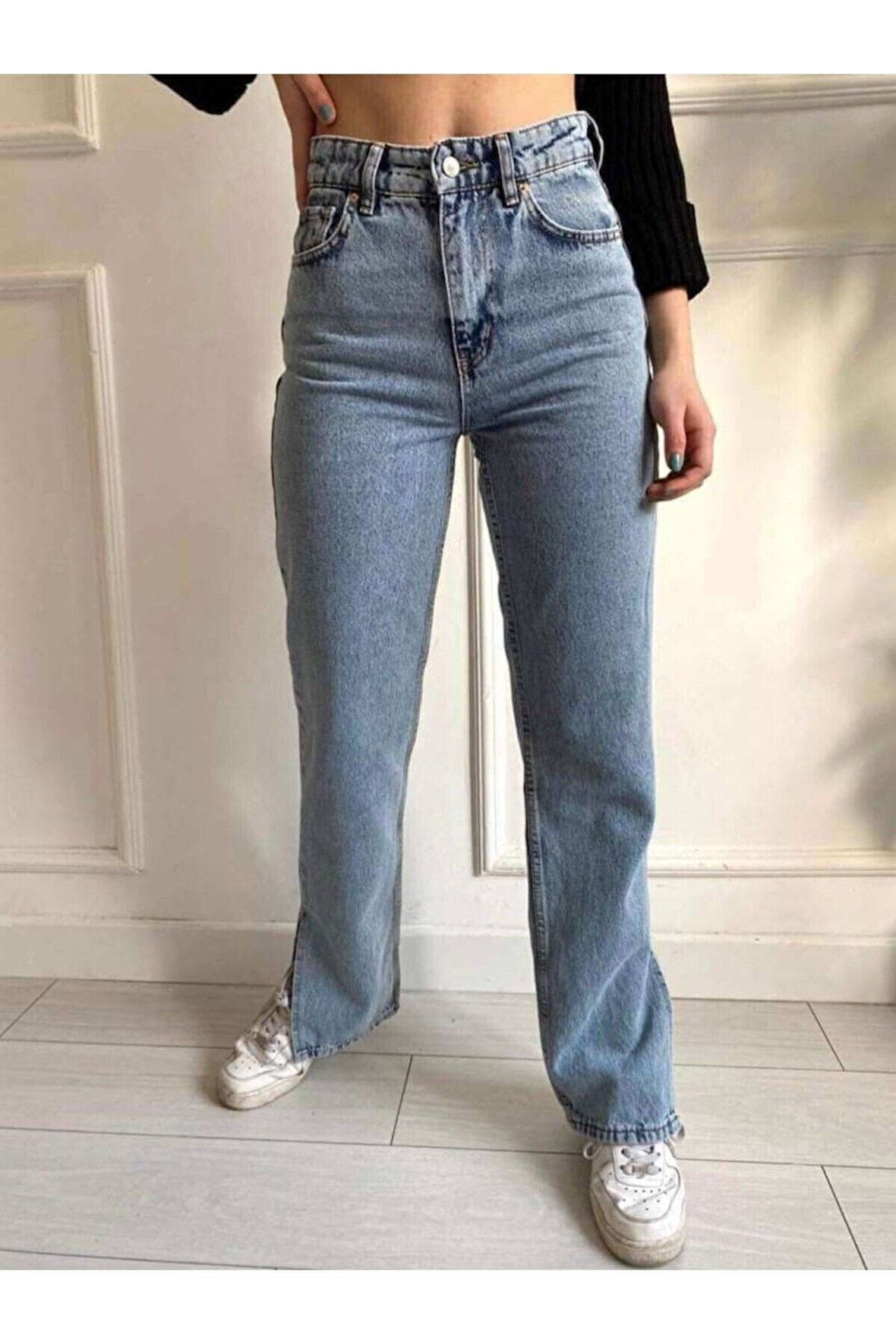 2035 Kadın Likralı Yanı Yırtmaçlı Bol Paça Jeans Kot Denim Pantolon