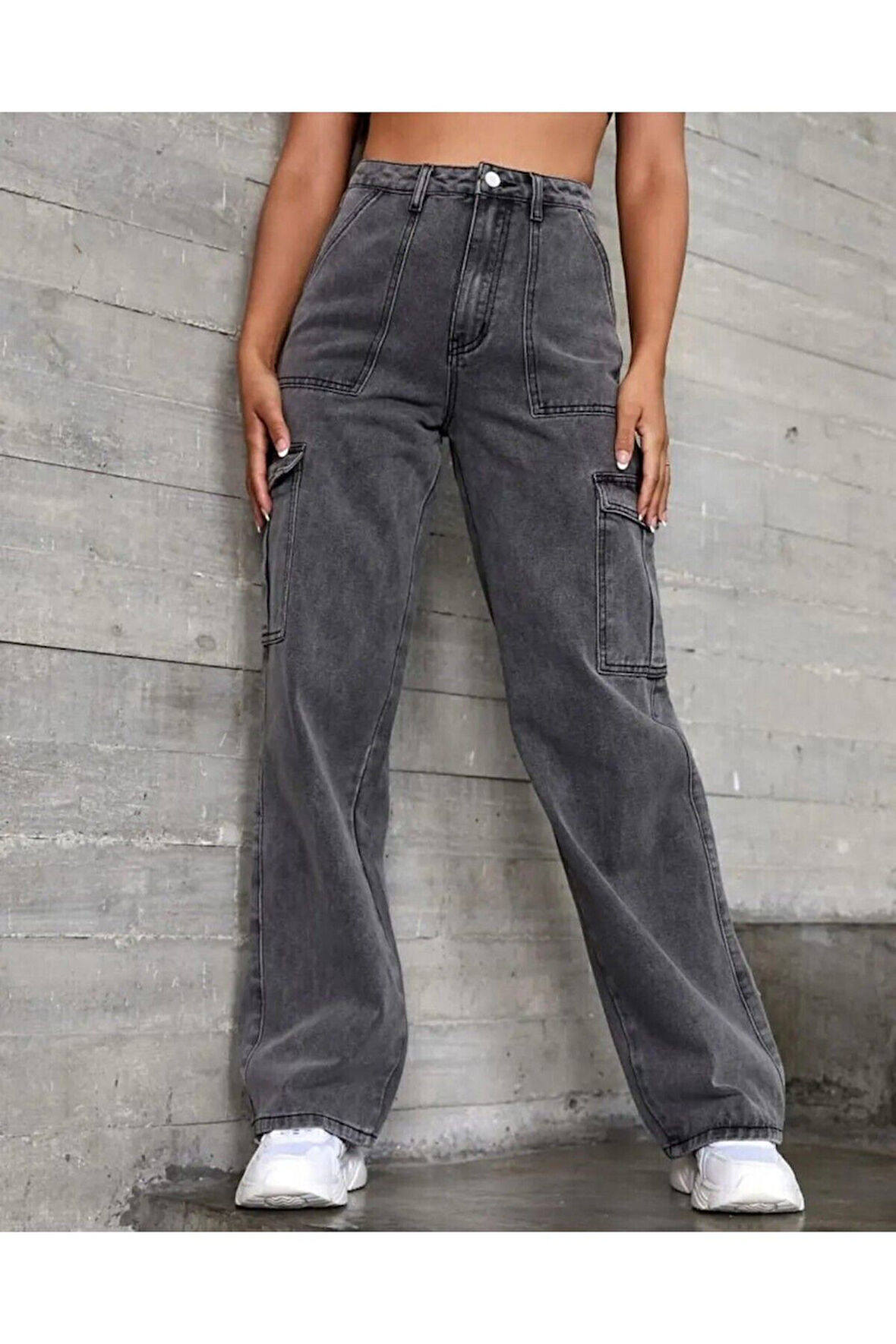 2090 Kadın Likrasız Kargo Cepli Bol Paça Jeans Kot Denim Pantolon