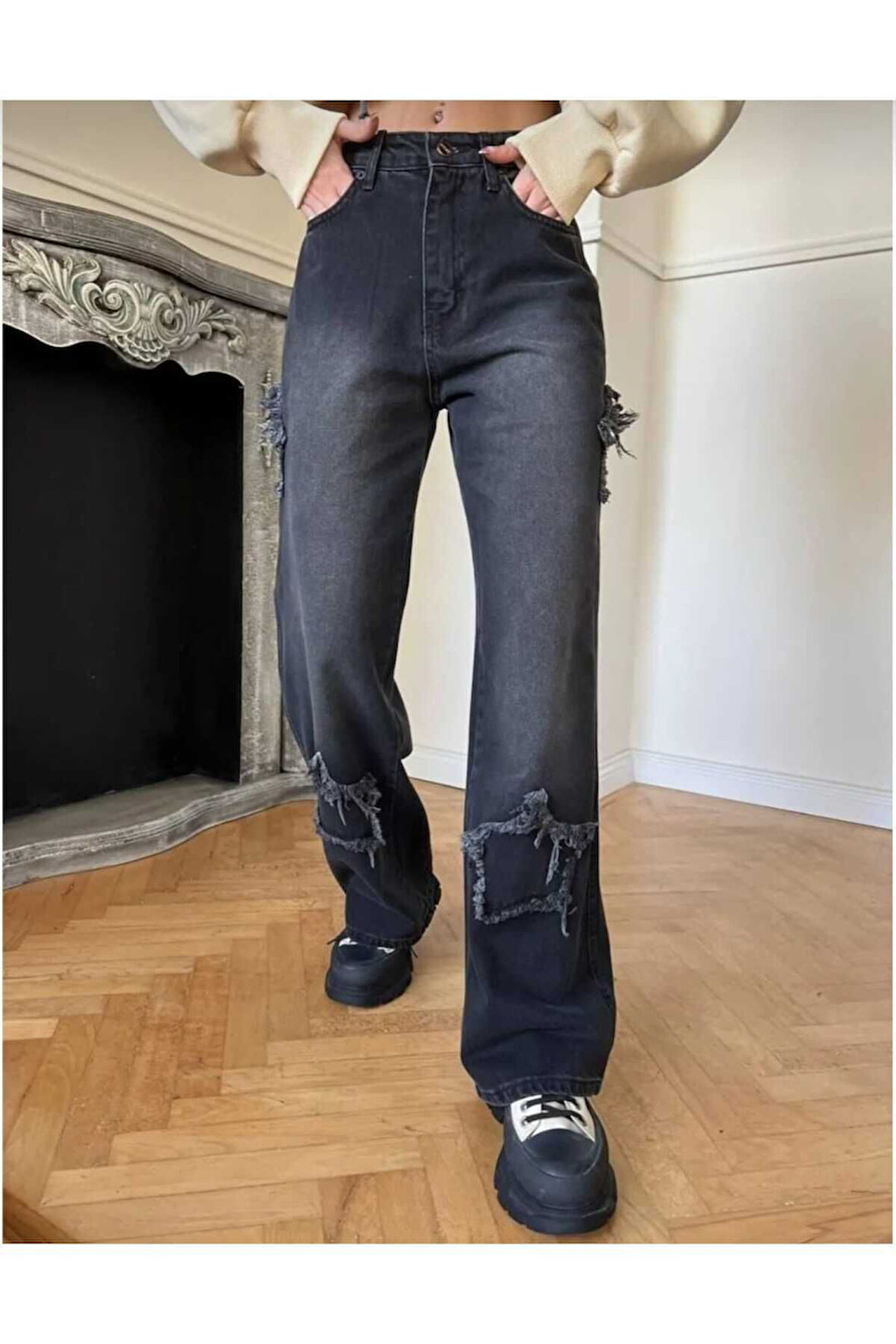 2424 Kadın Yıldız Detaylı Baggy Jeans Kot Denim Pantolon