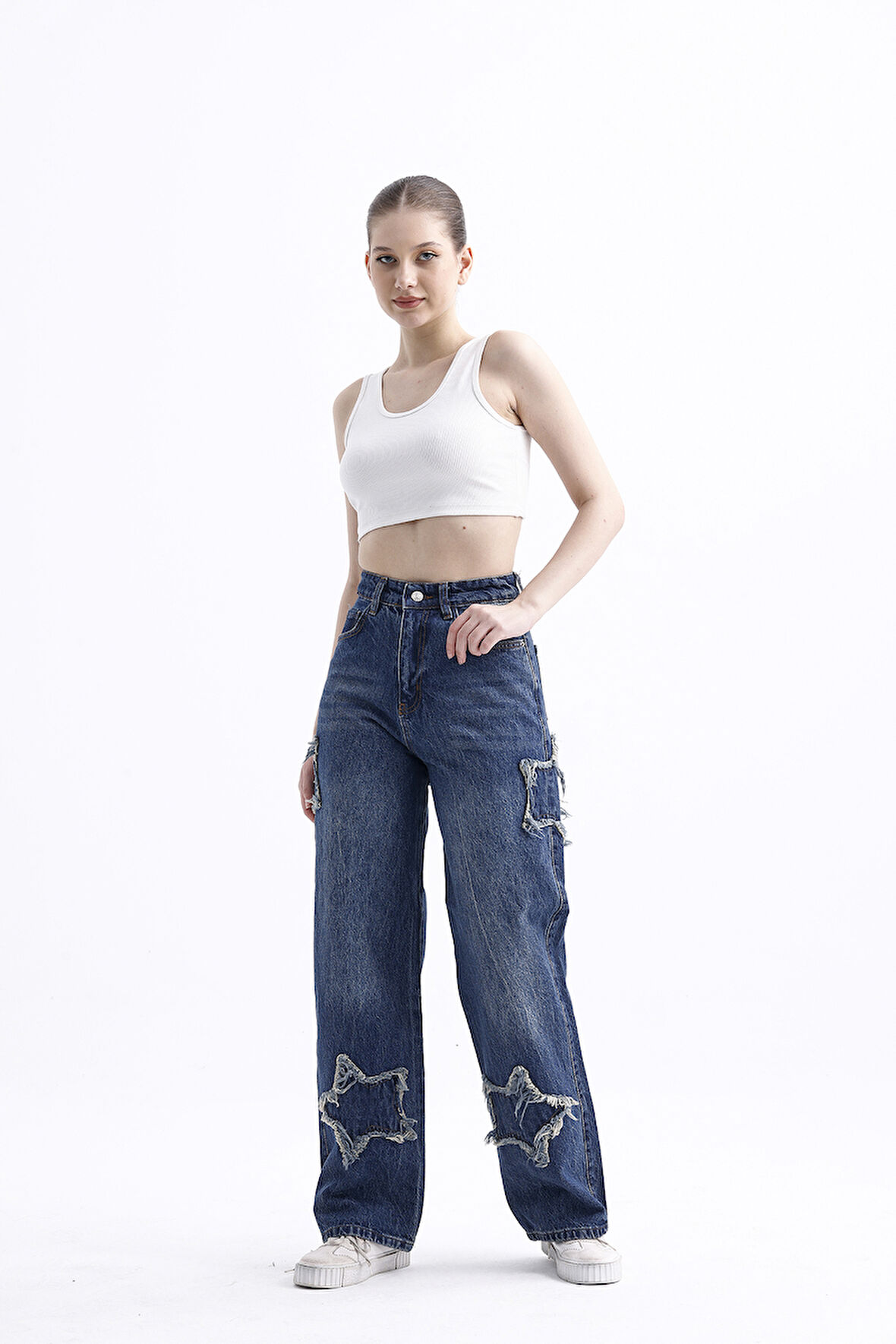 2424 Kadın Yıldız Detaylı Baggy Jeans Kot Denim Pantolon