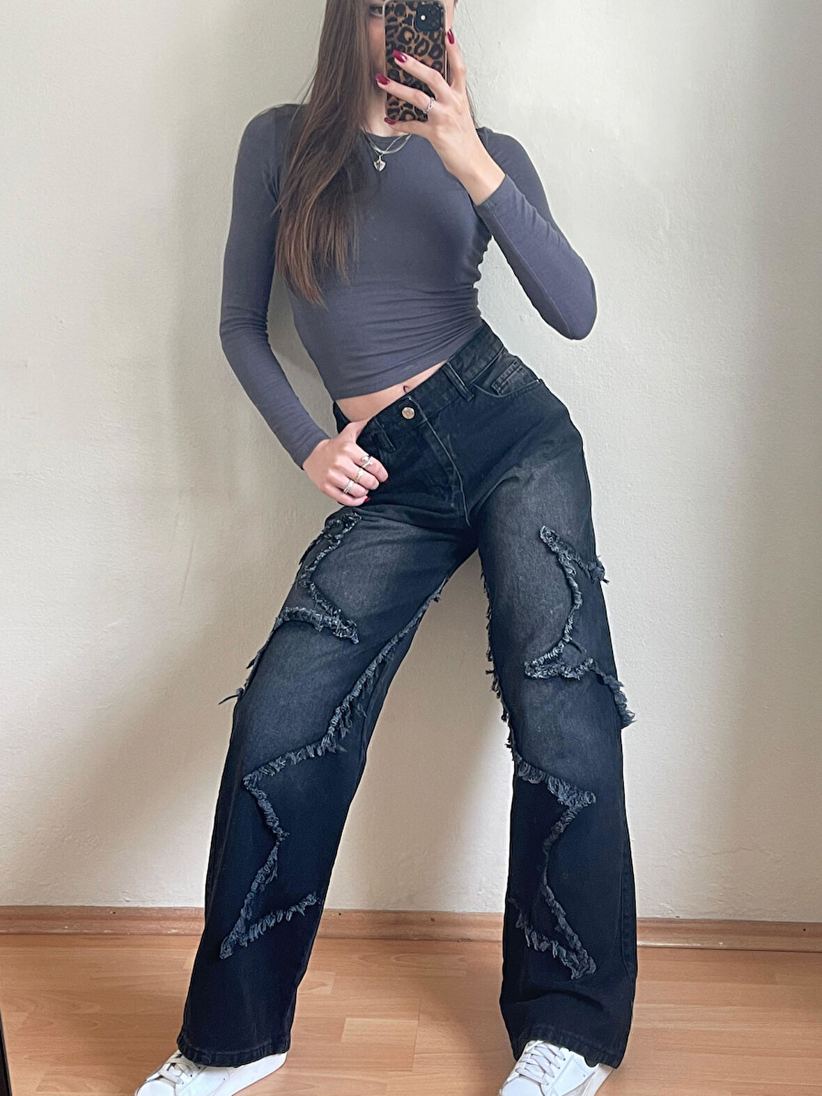 PASS&PASS 2501 Kadın Büyük Yıldız Baskılı Bagy Big Stars model Kot Denim Pantolon