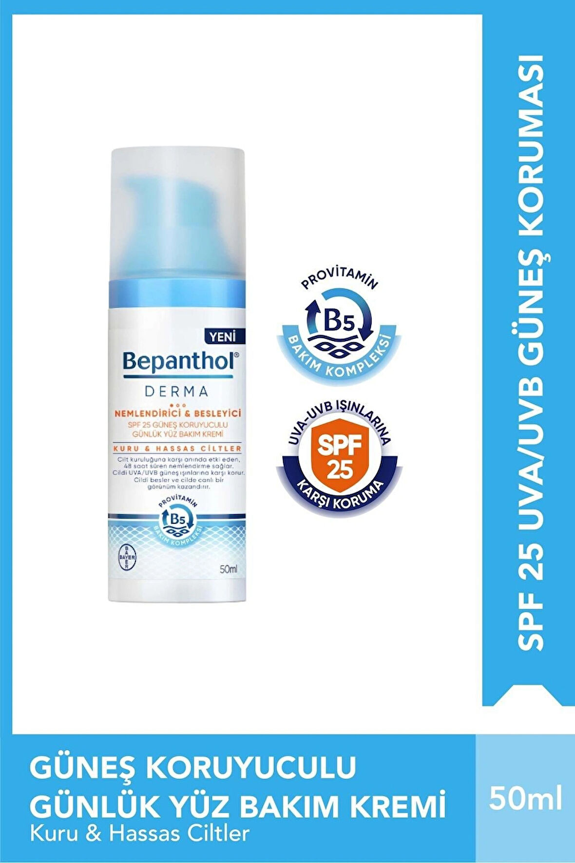 Derma Nemlendirici & Besleyici SPF 25 Yüz Bakım Kremi 50 ml – Güneş Koruma ve Derin Nemlendirici