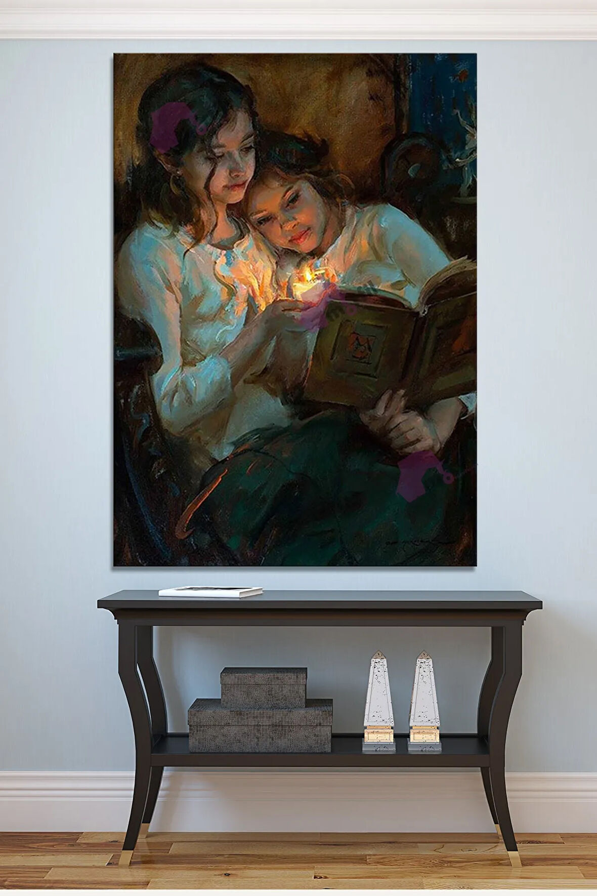 Mum Işığında Kitap Okuyan Kızlar Yağlıboya Efektli Kanvas Tablo (8 Farklı Ölçü)