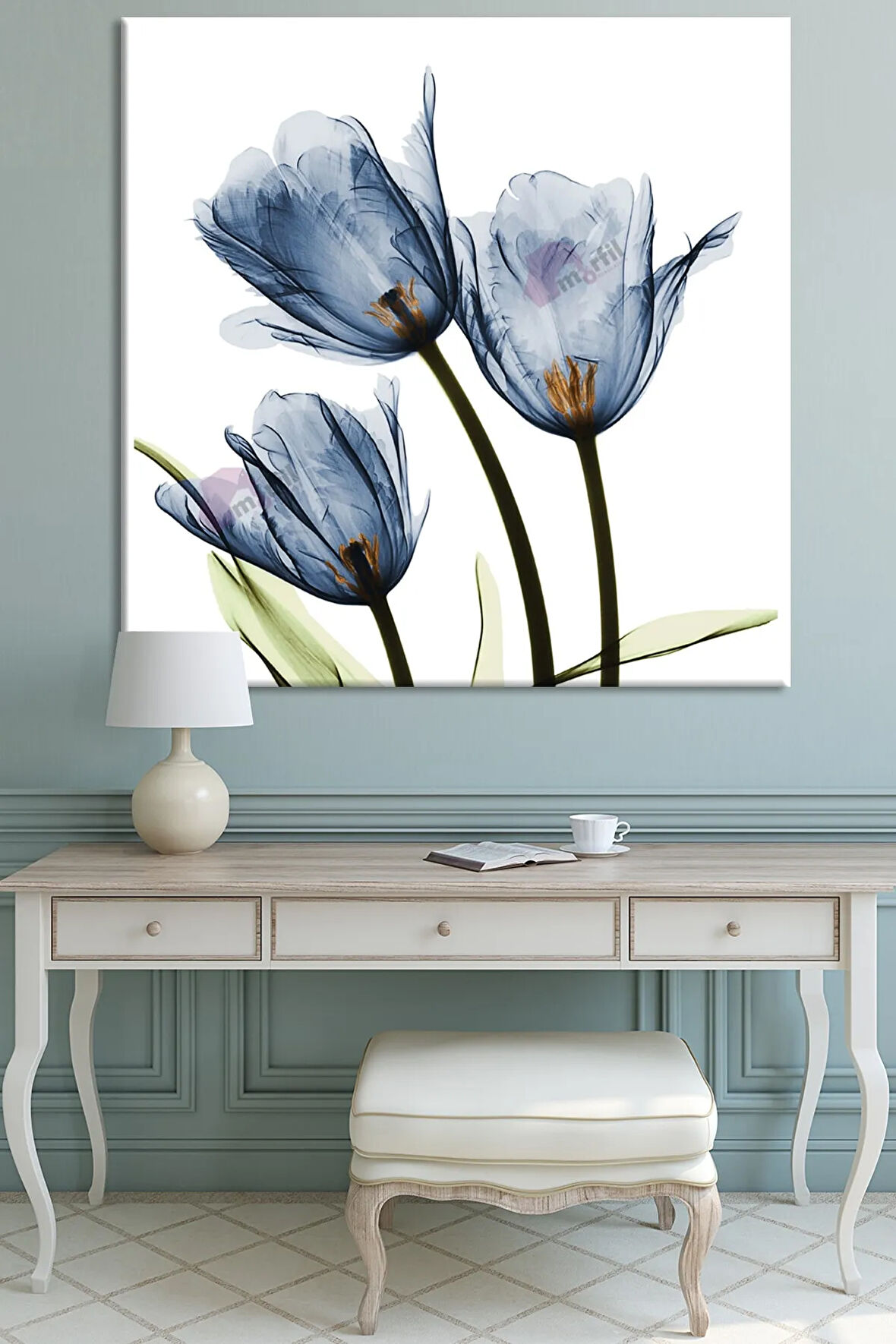 Mavi Lale Suluboya Efektli Kanvas Tablo