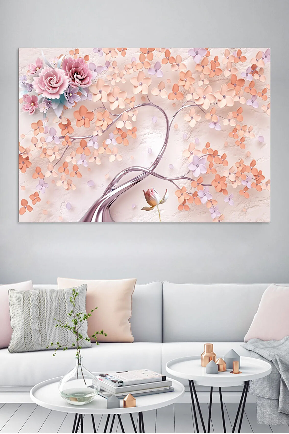 Pembe Çiçekler 3d Muhteşem Kanvas Tablo (7 Farklı Ölçü)
