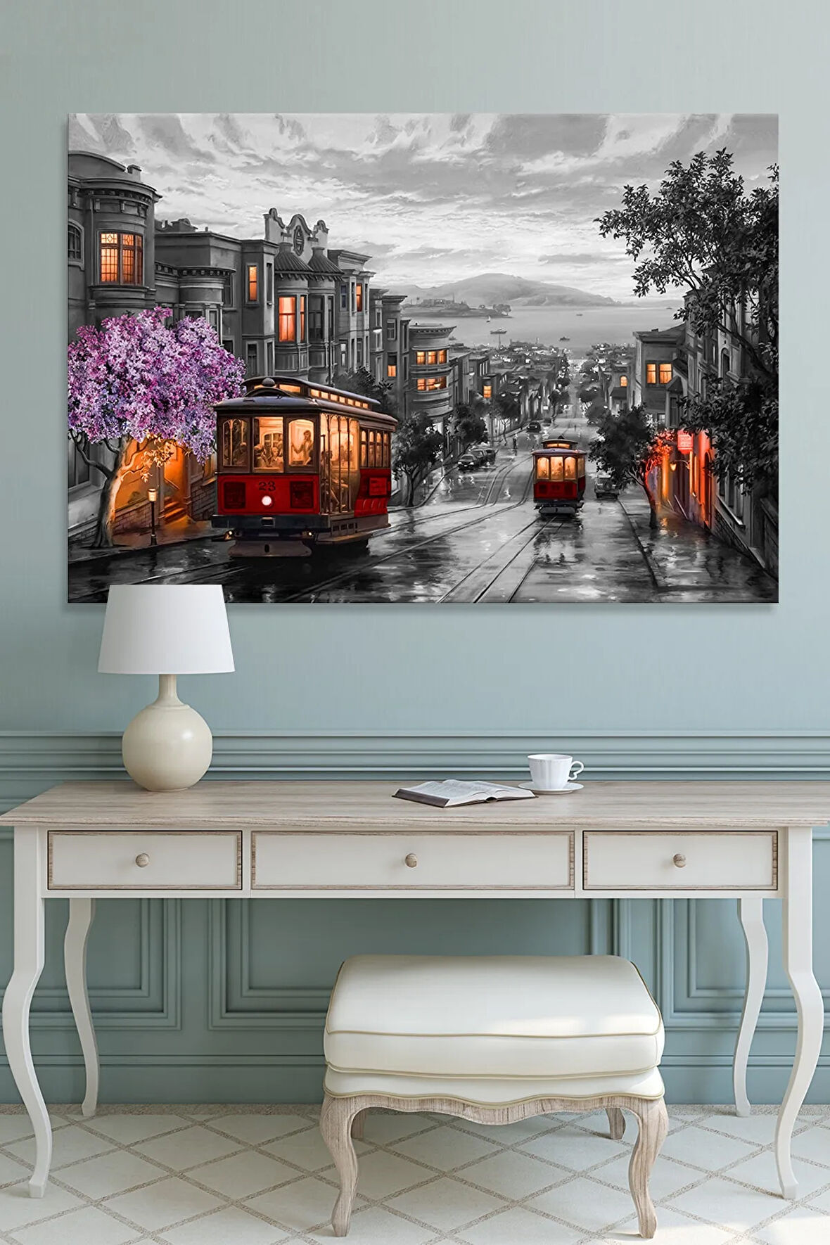 San Francisco Downtown Tramvay Şehir Yaşam Dekaratif Kanvas Tablo (7 Farklı Ölçü)