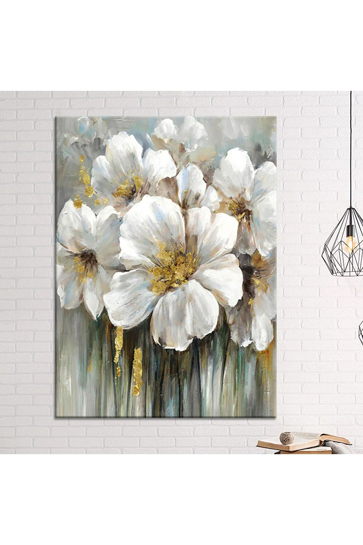 Beyaz Çiçekler Yağlıboya Görünümlü Dekoratif Kanvas Tablo (8 Farklı Ölçü)